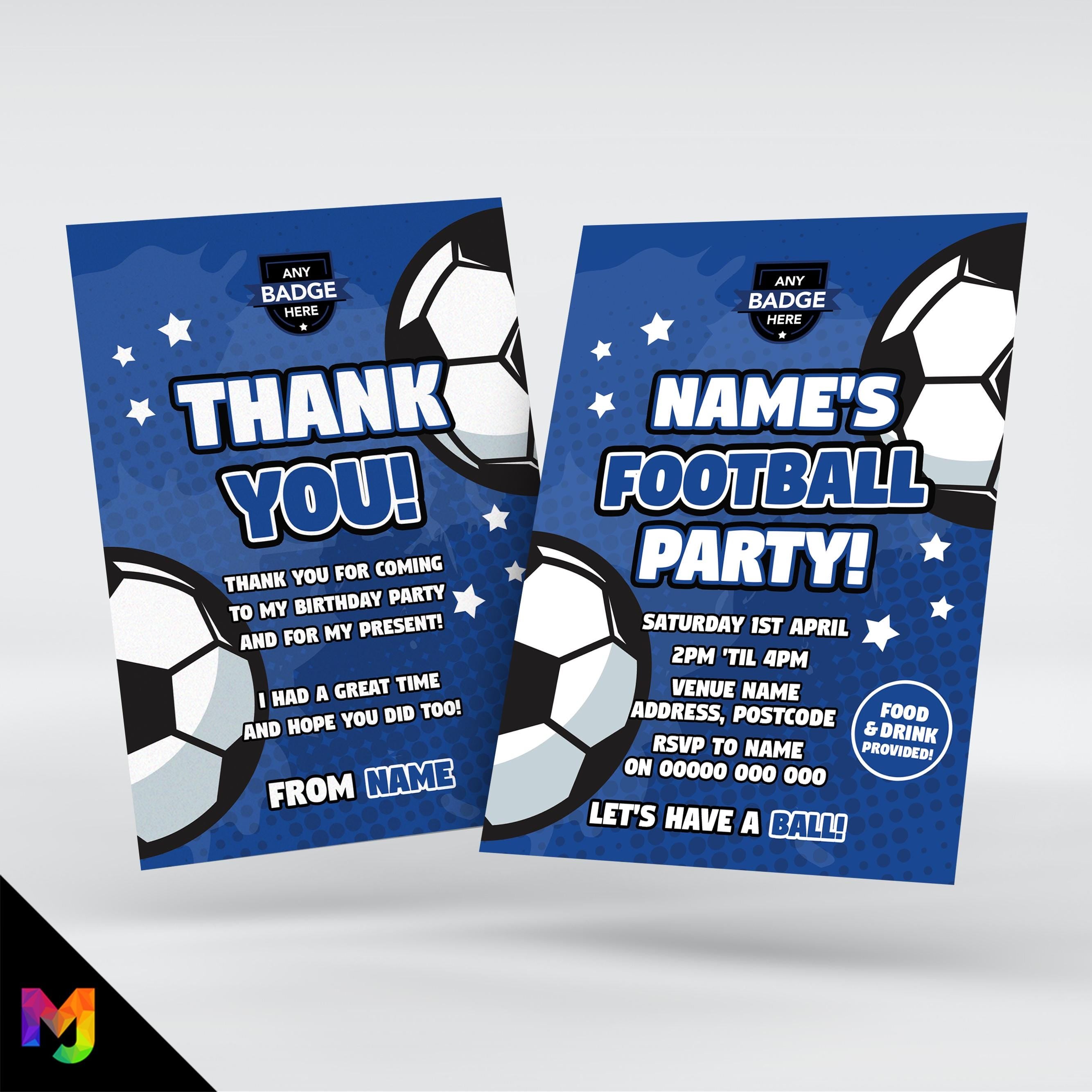 Personalised blue football style party Invitations Invites + thank you cards | Any colours!