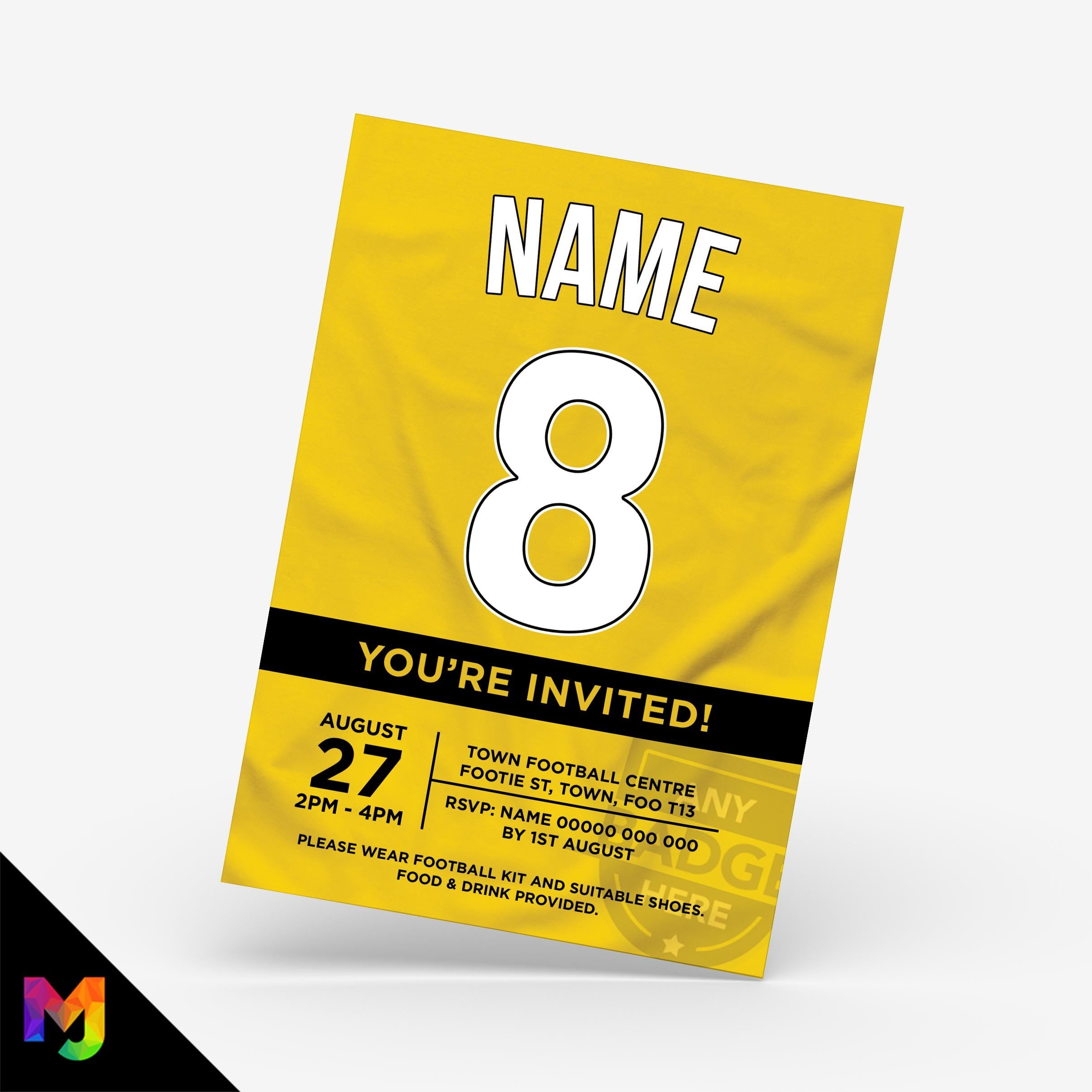 Personalised yellow football shirt style Invitations Invites + thank you cards | Any colours!
