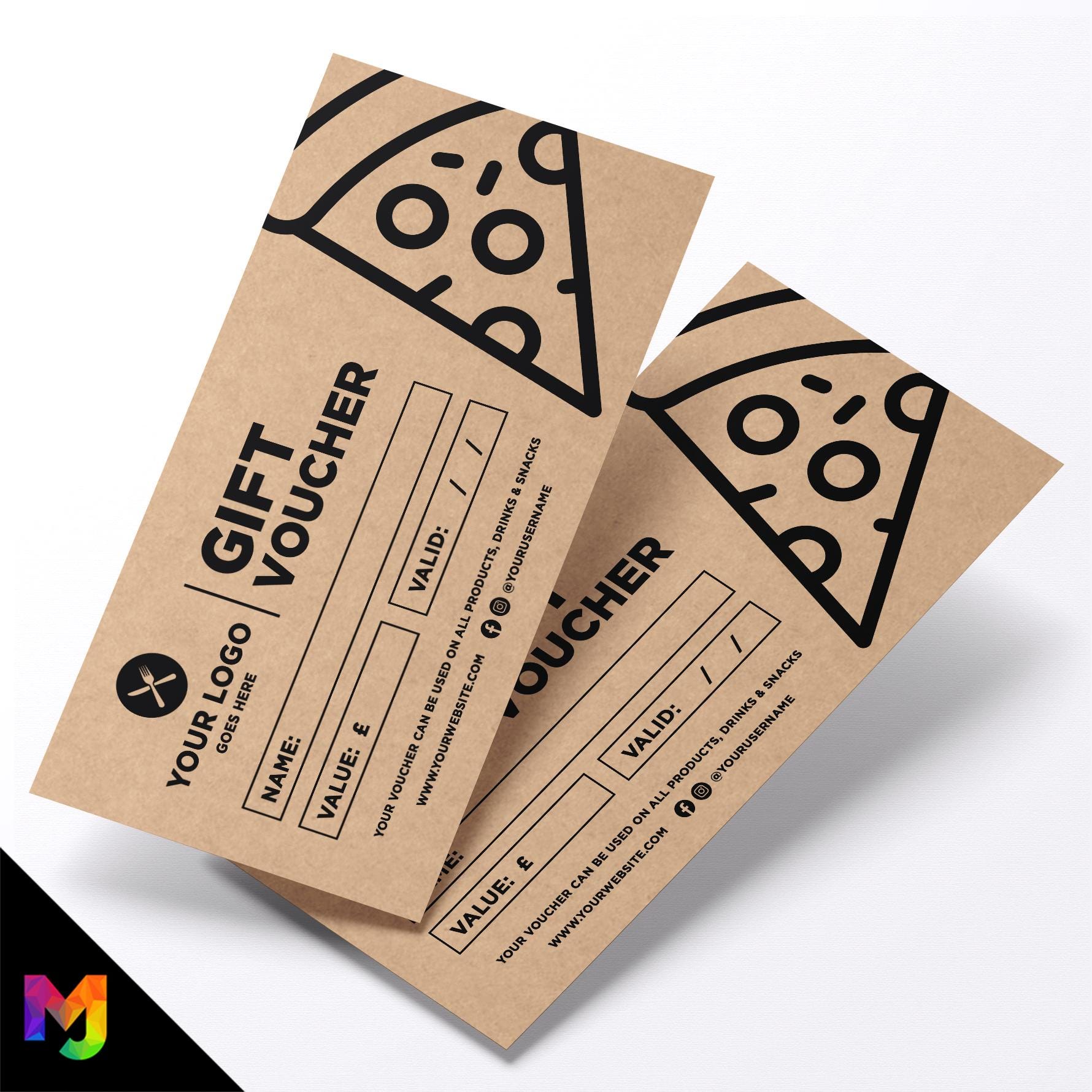 Custom printed kraft gift vouchers | Eco-friendly recycled |  Fast Food Business Restaurant Takeaway Pizza Italian Van Truck