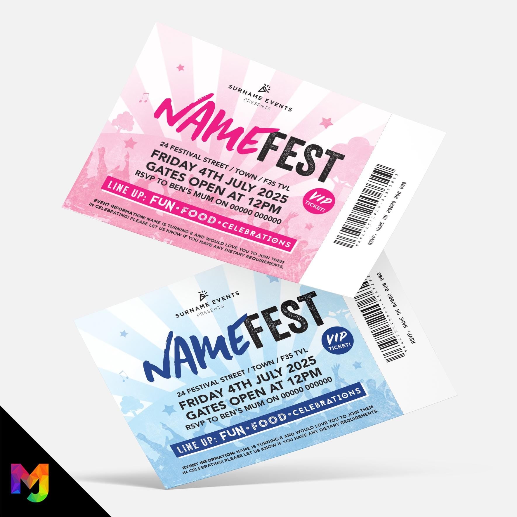 Personalised festival ticket style Invitations Invites
