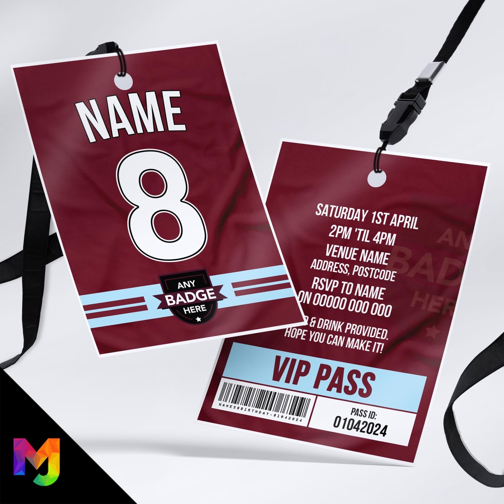 Personalised football shirt style VIP pass & lanyard Invitations Invites | Any Team | Claret and blue shirt team style