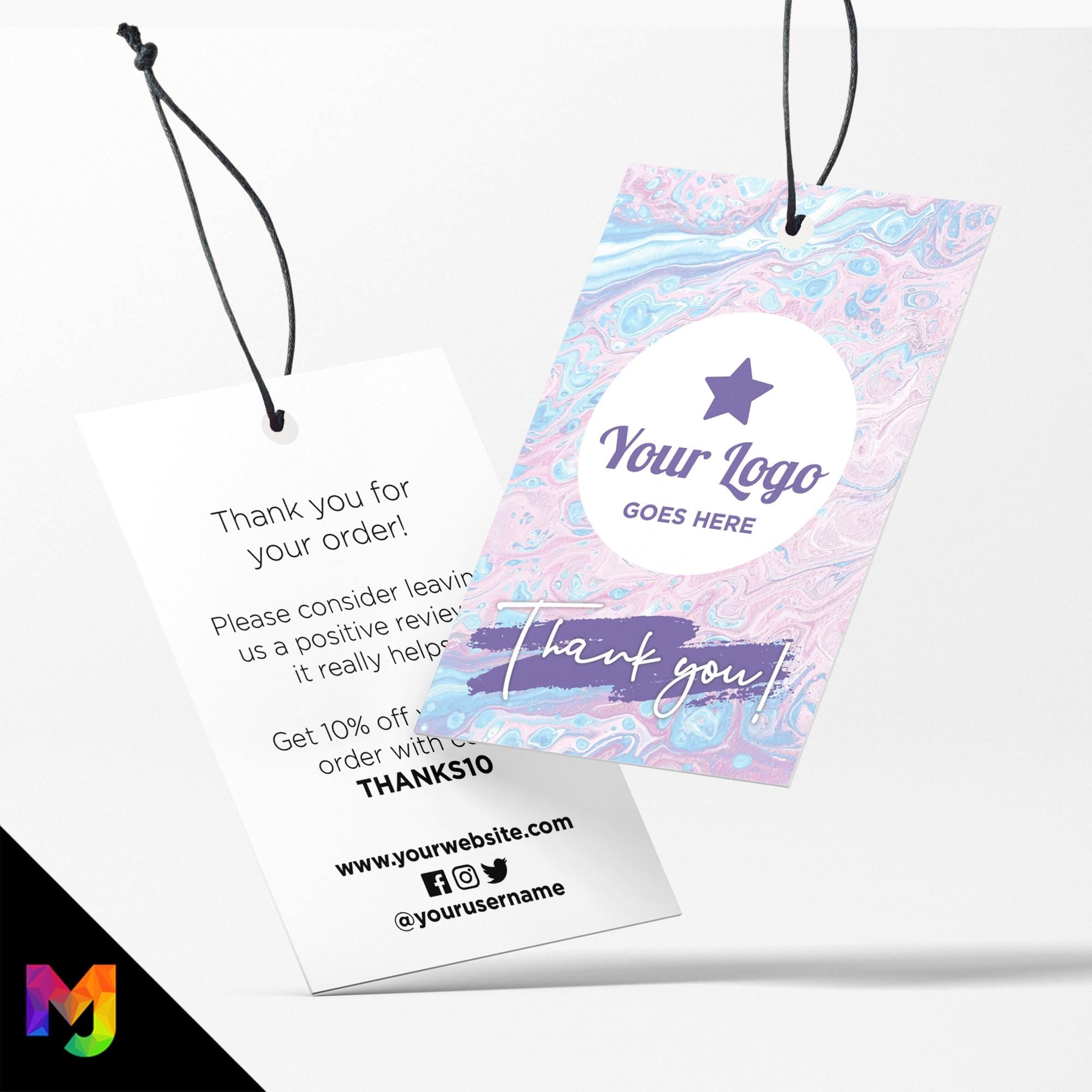 Custom printed thank you swing tags cards | Pink purple blue wax pattern abstract style design 2