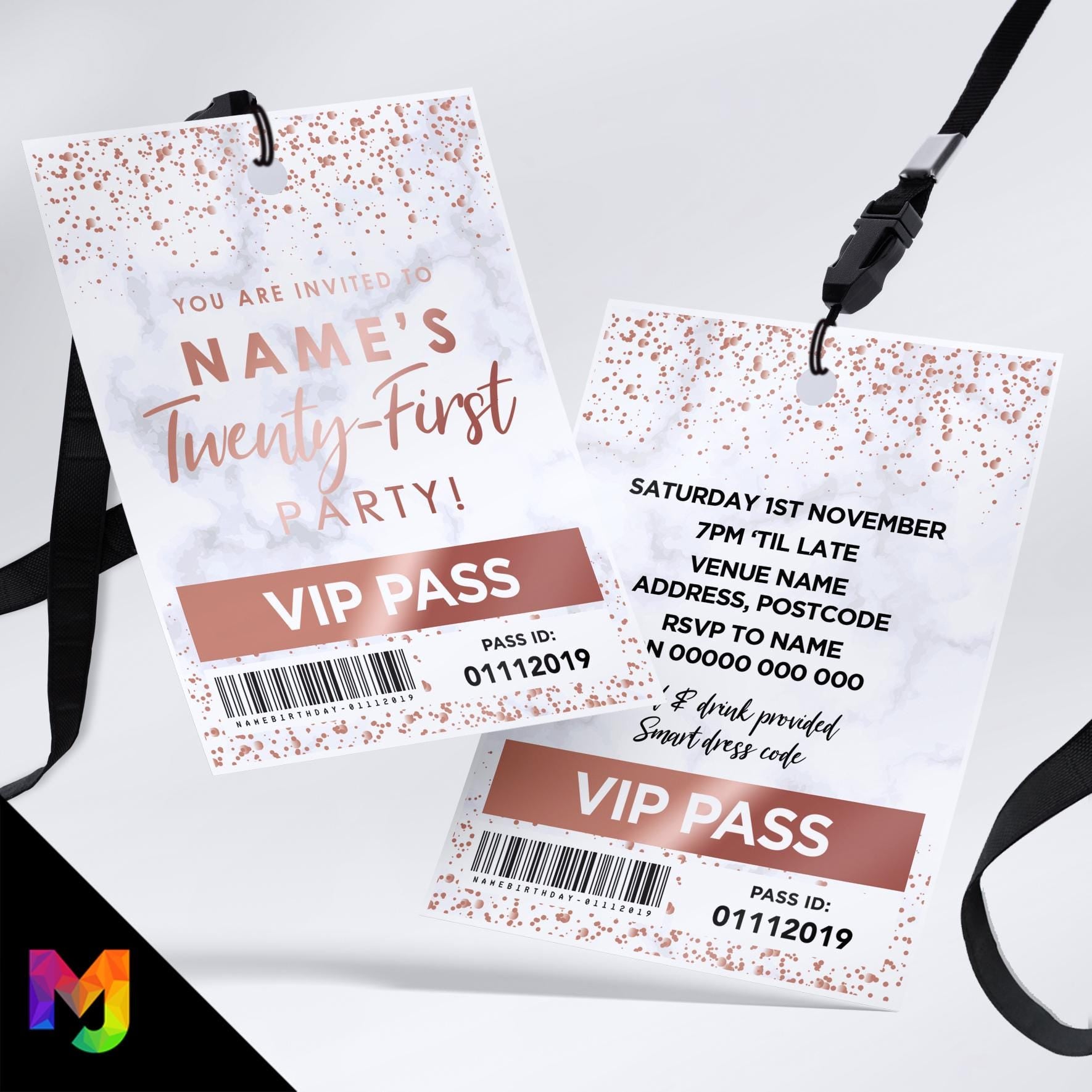 Personalised 21st birthday style VIP pass & lanyards | Marble rose gold design | ANY AGE!