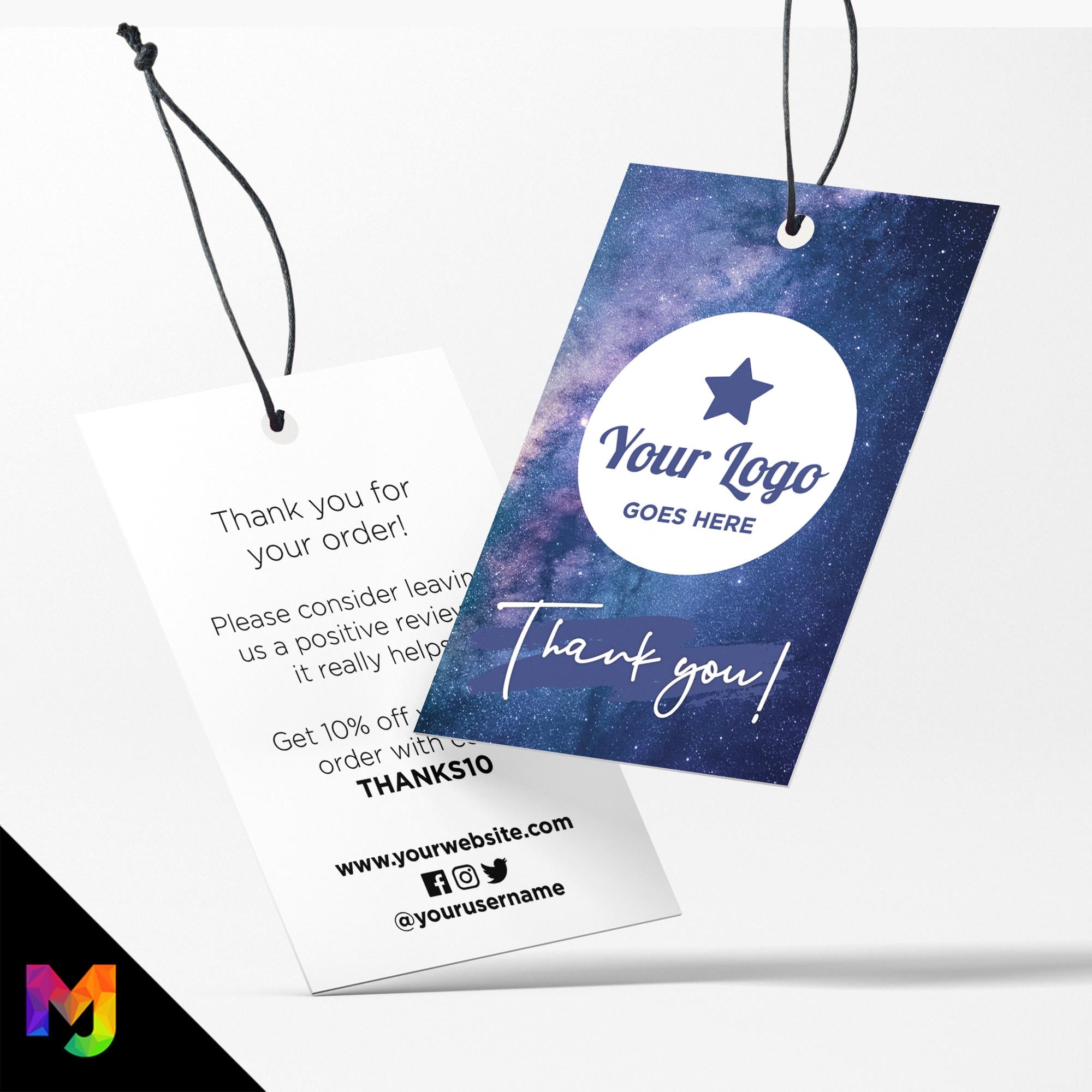Custom printed thank you swing tags cards | Blue space sky galaxy style design
