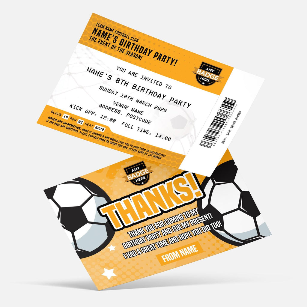 Personalised football ticket style Invitations Invites + thank you cards | Any team and colours!