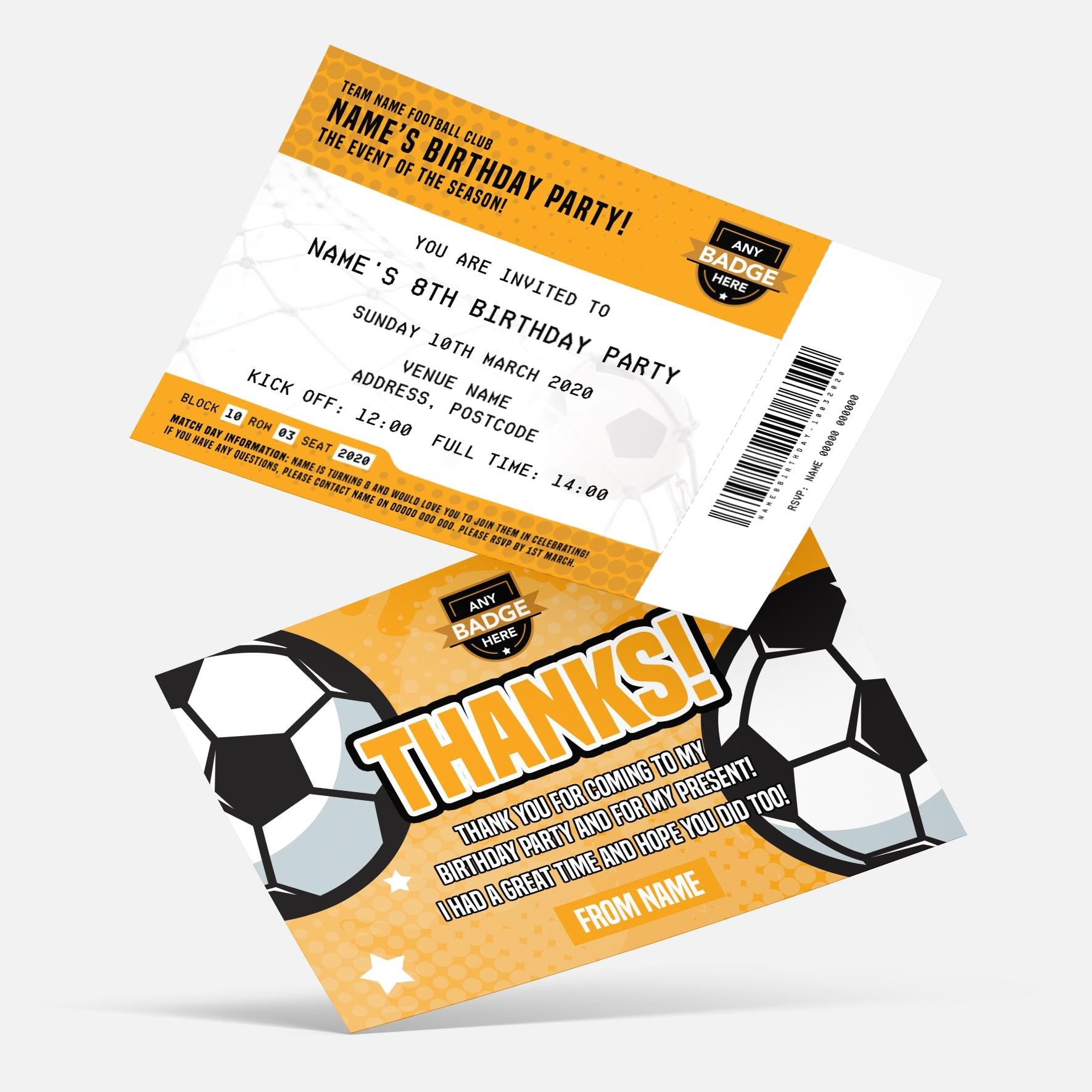 Personalised football ticket style Invitations Invites + thank you cards | Any team and colours!