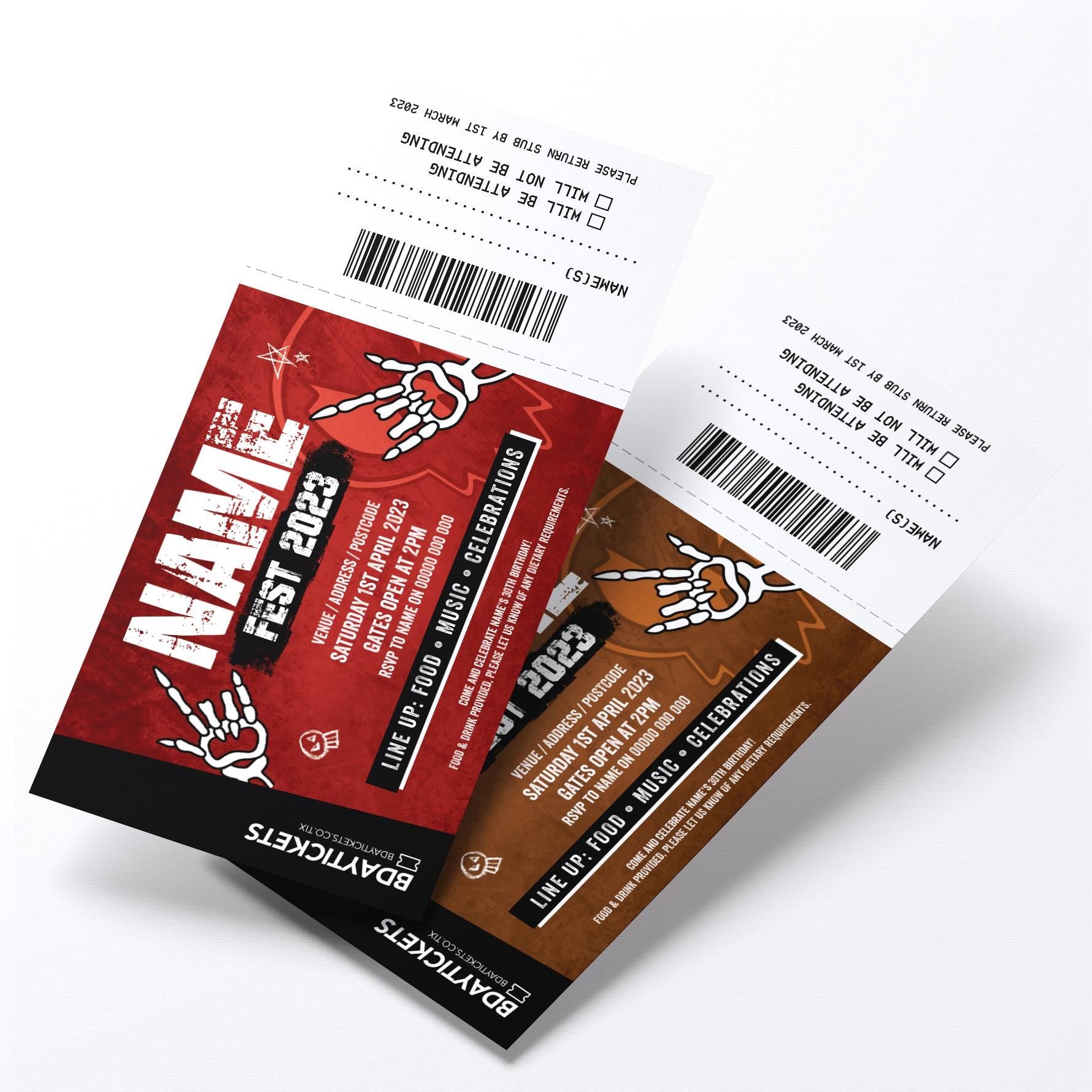 Personalised rock metal festival VIP ticket style party Invitations Invites | Perforated stubs