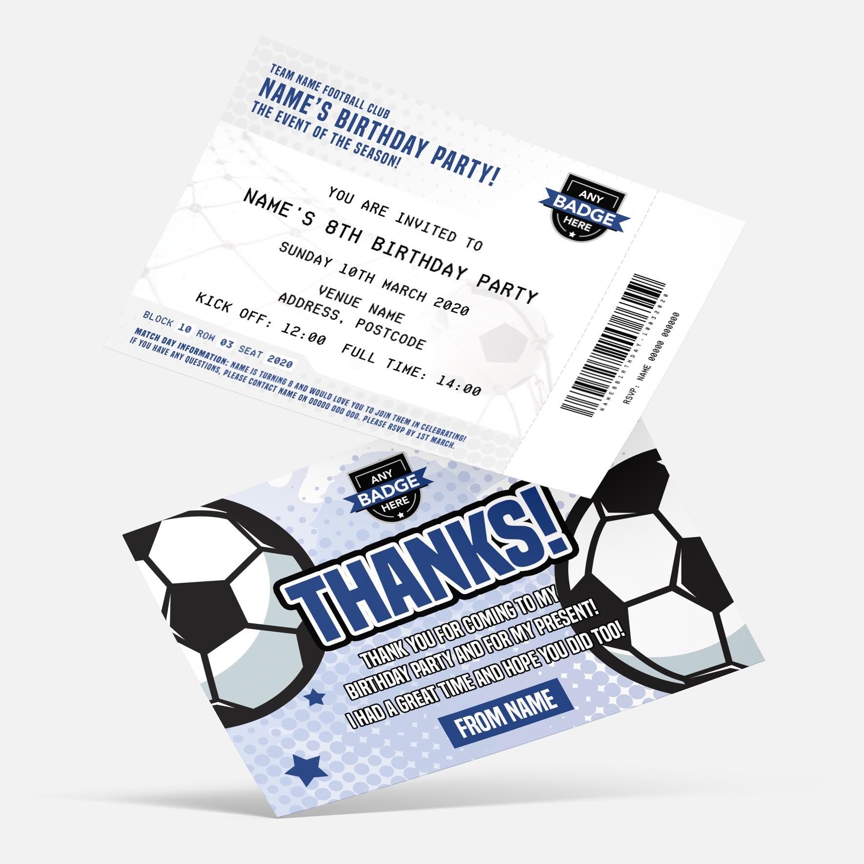 Personalised football ticket style Invitations Invites + thank you cards | Any team and colours!