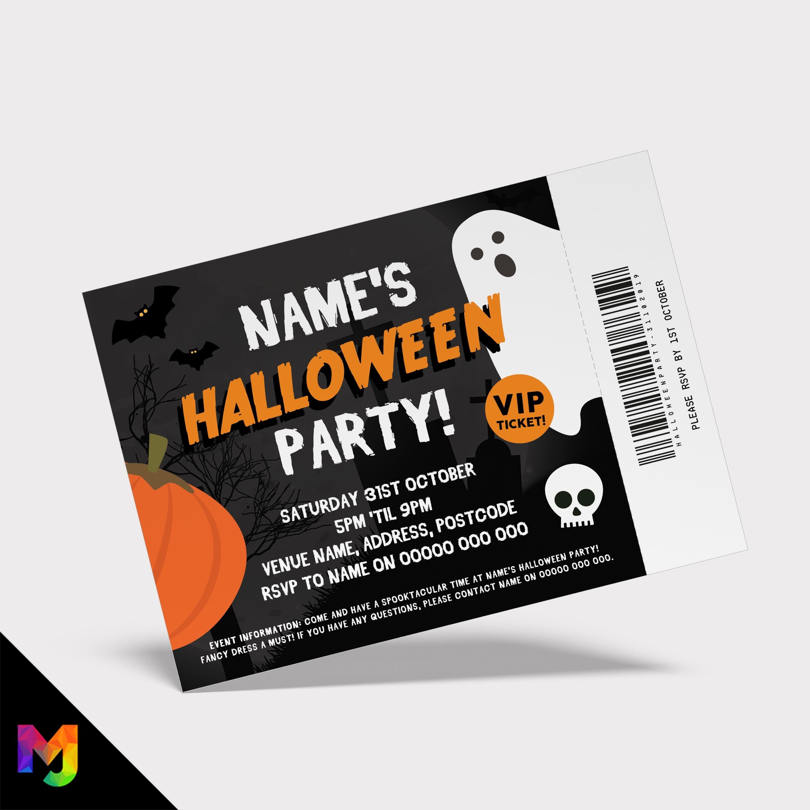 Personalised Halloween party ticket style invitations | Black design ghost skull pumpkin spooky 2