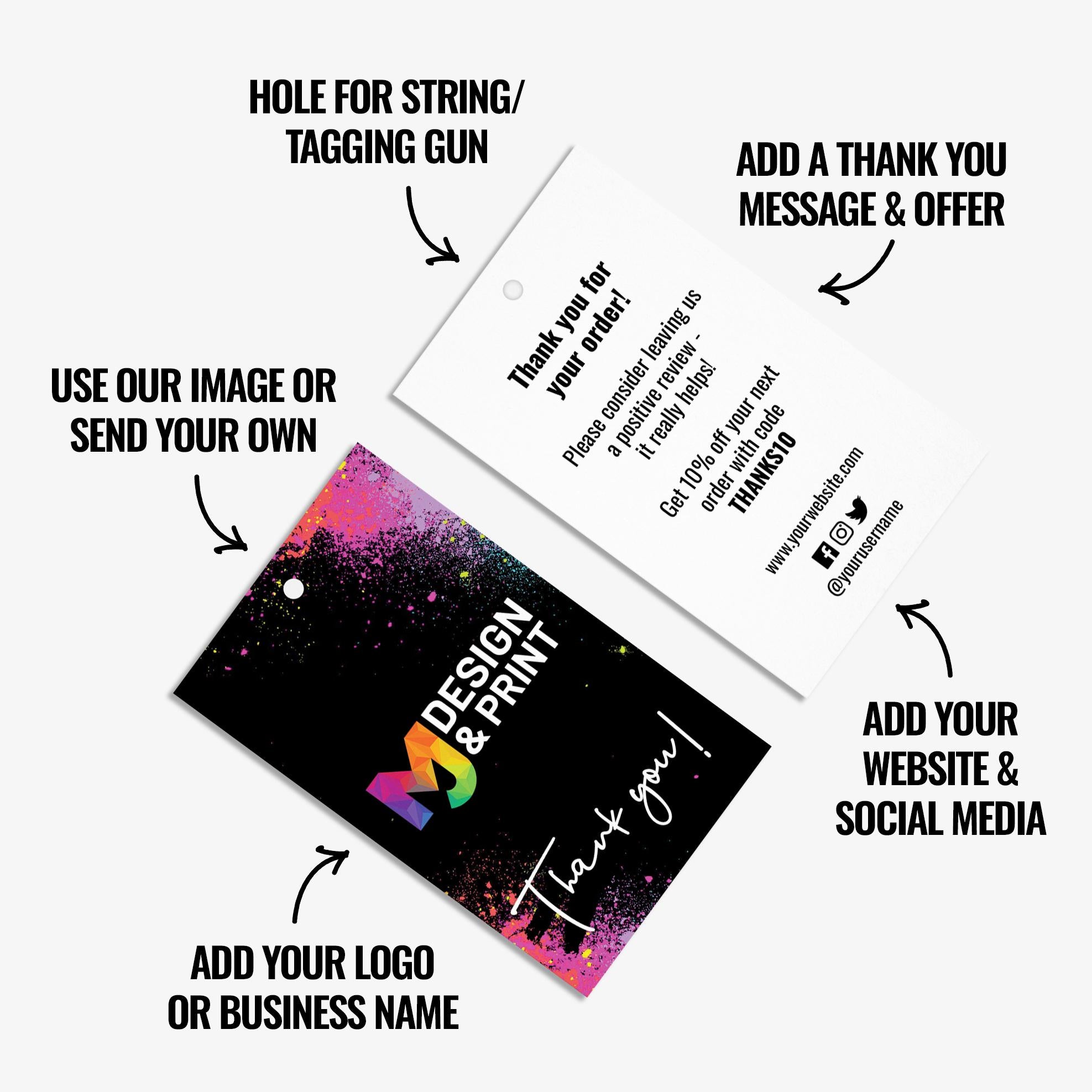 Custom printed thank you swing tags cards | Black gold glitter modern style design