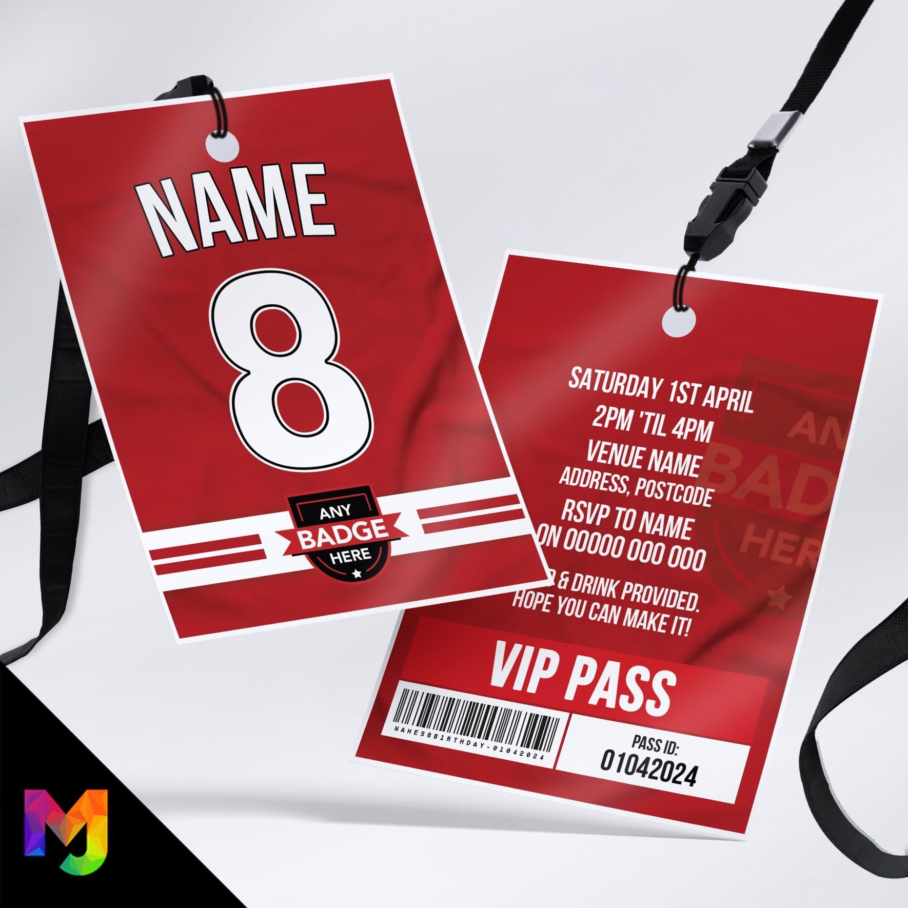 Personalised football shirt style VIP pass & lanyard Invitations Invites | Any Team | Red and white shirt style