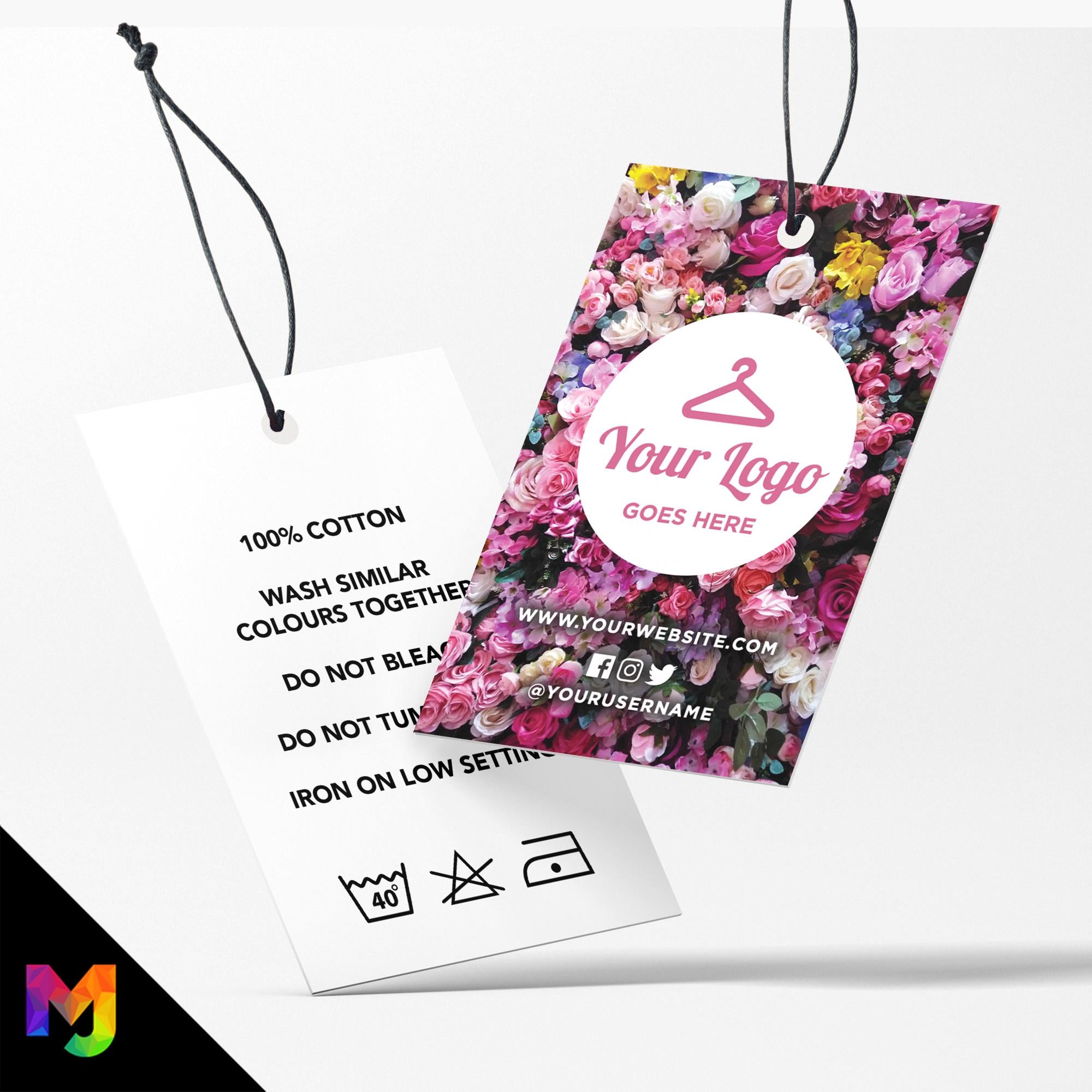 Custom printed clothing swing tags cards | Pink purple bright bouquet floral flowers feminine design