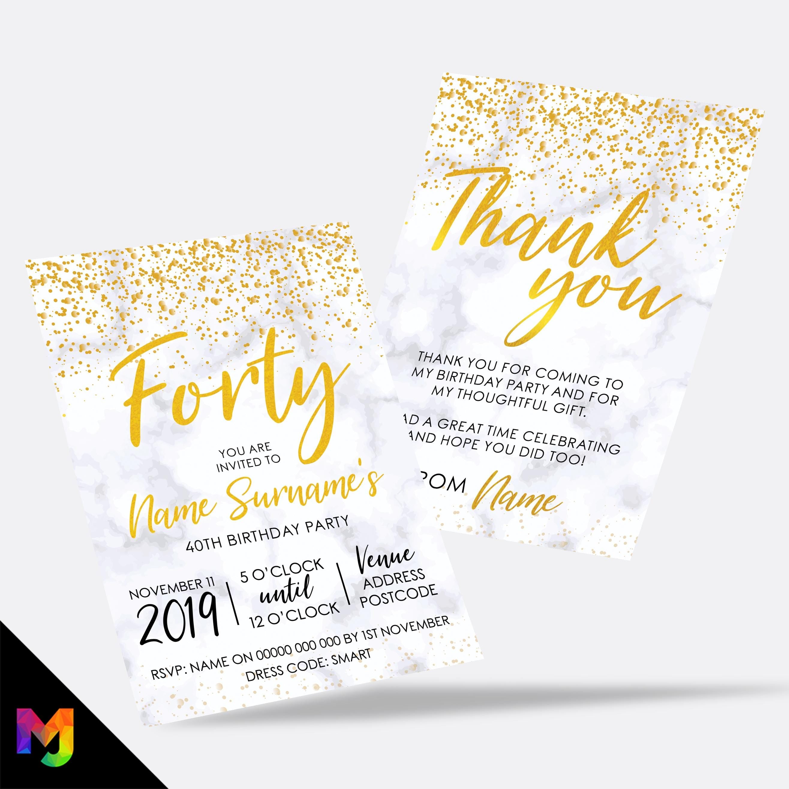 Personalised 40th birthday party Invitations Invites | Marble gold glitter modern design