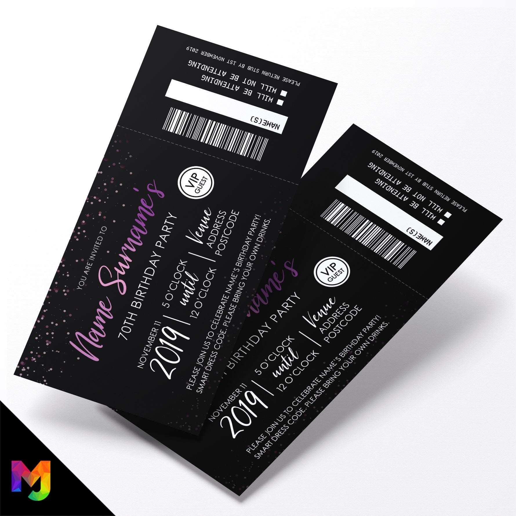 Personalised 70th birthday party purple black glitter ticket style Invitations Invites | Perforated | Any age!