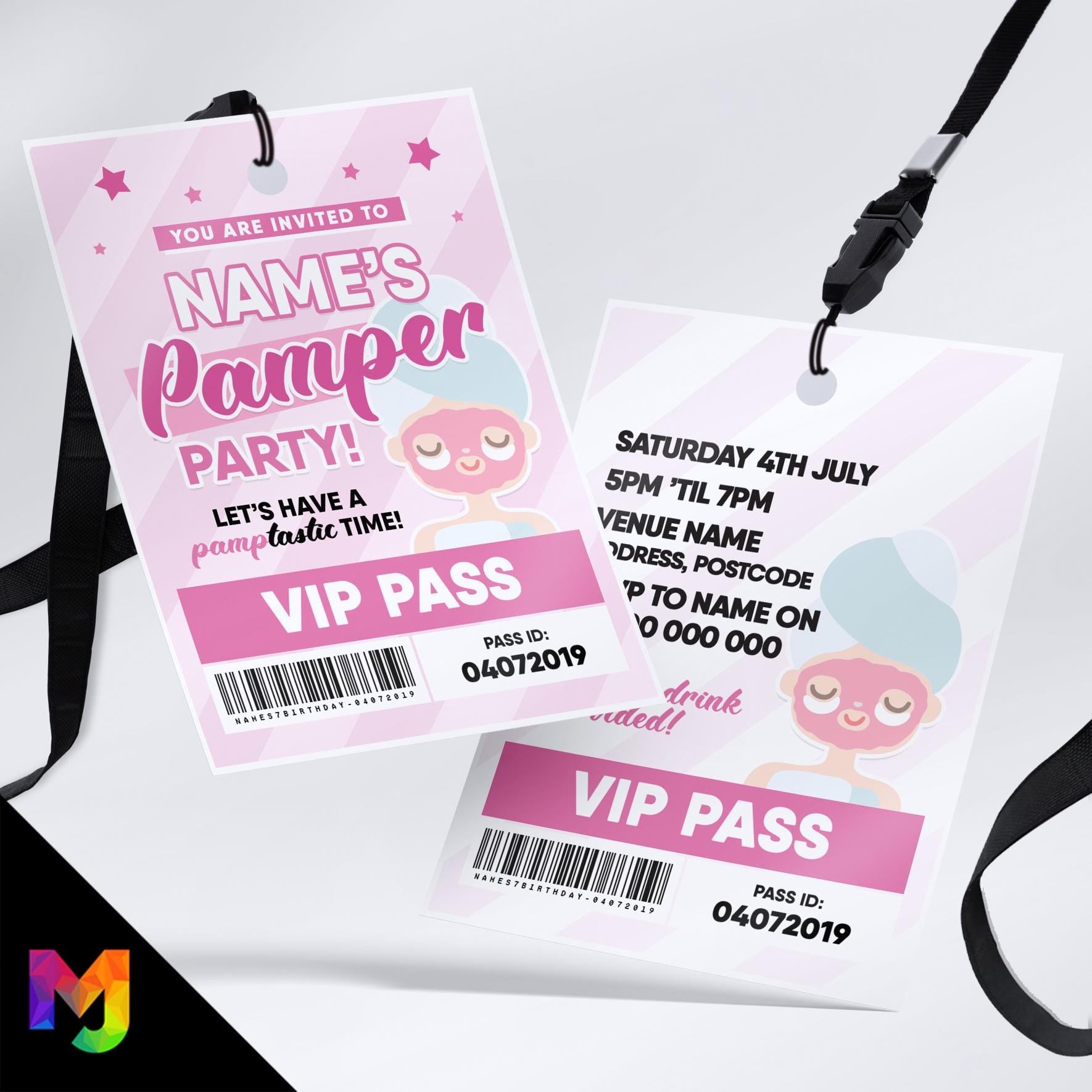 Personalised pamper party style VIP pass & lanyard Invitations Invites | Girls pink sleepover