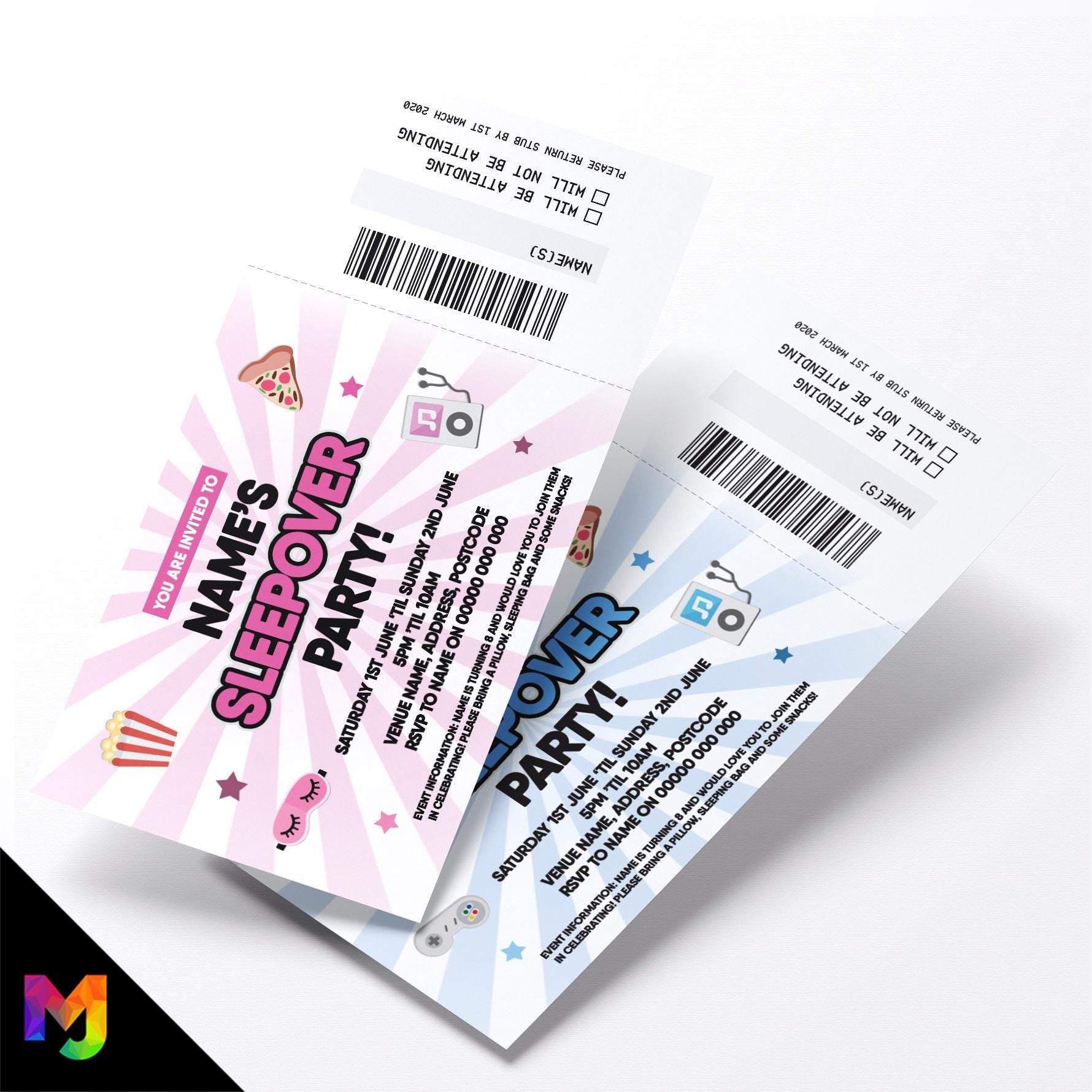 Personalised sleepover slumber party ticket style birthday invitations invites | Perforated | Friends fun boys girls kids sleep pamper