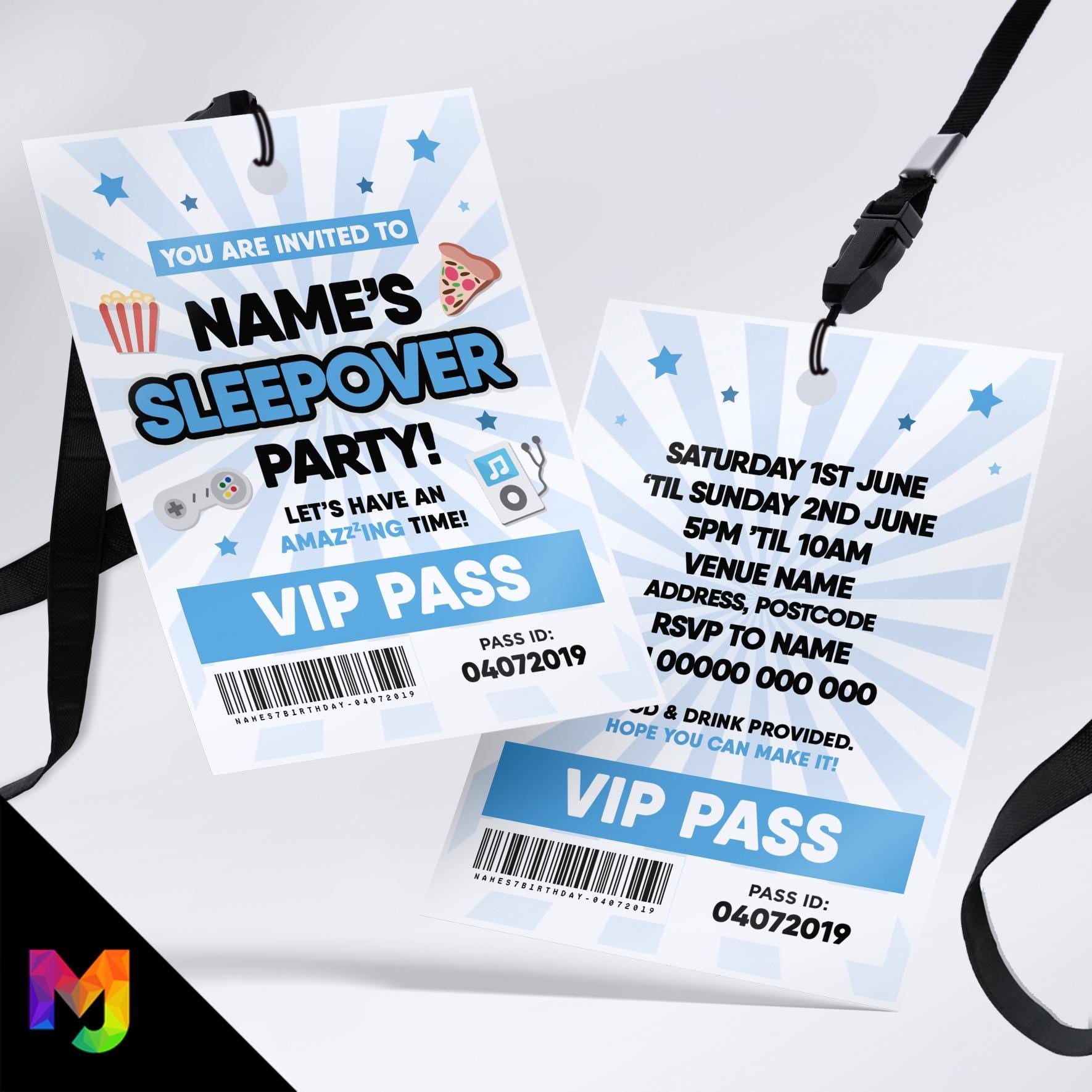 Personalised blue sleepover slumber party style VIP pass & lanyard Invitations Invites