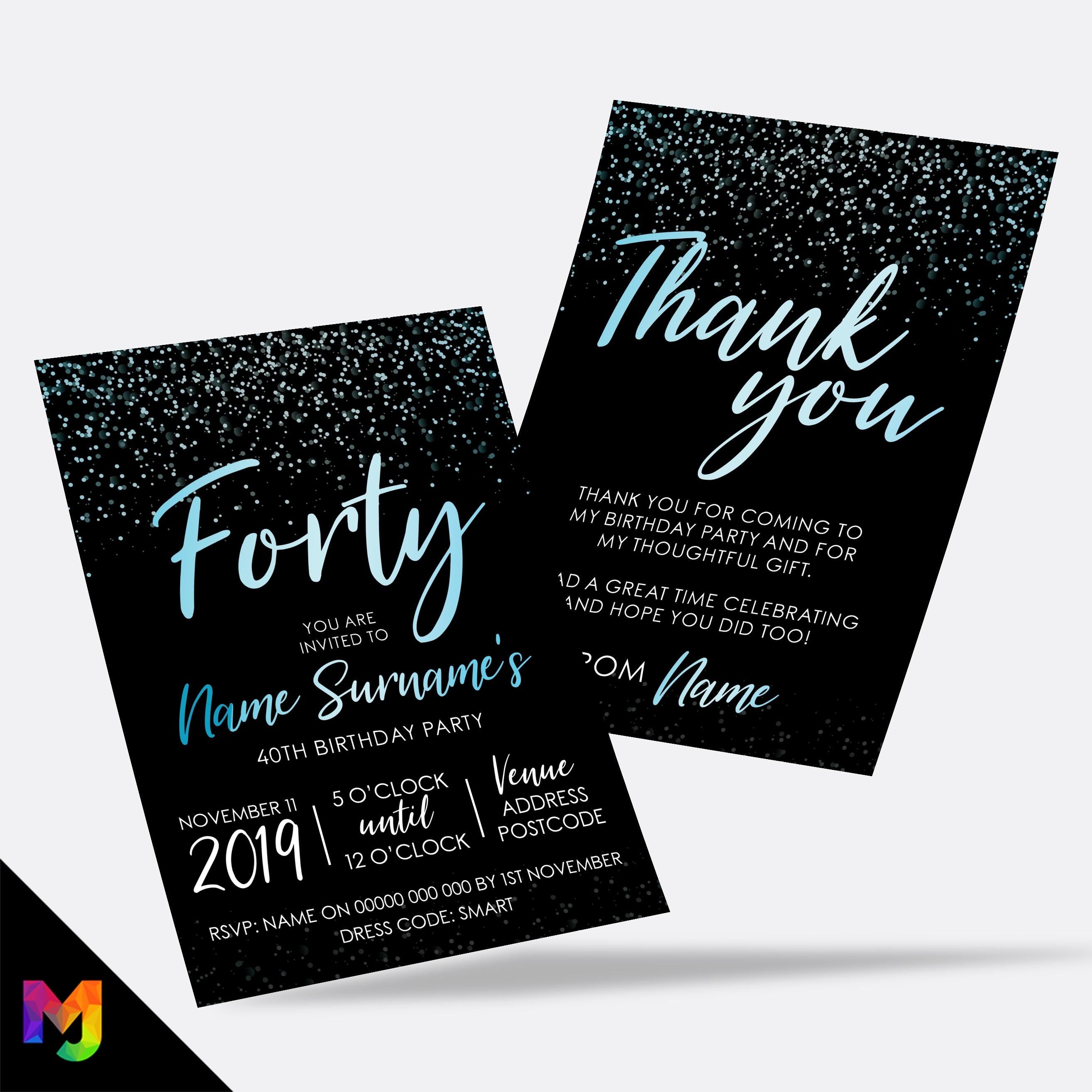 Personalised 40th birthday party Invitations Invites | Black blue gold glitter modern design