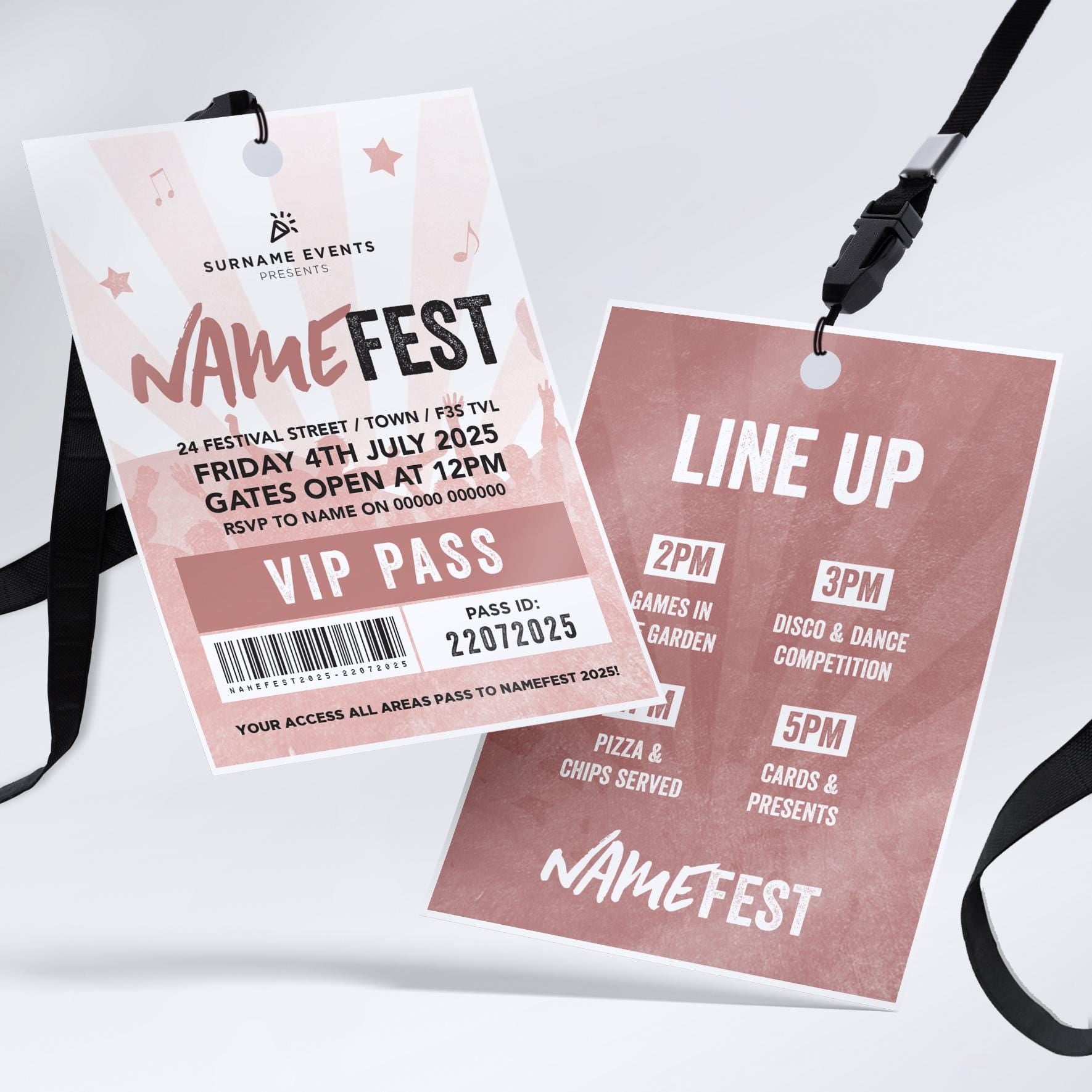 Personalised festival style VIP pass & lanyard Invitations Invites | Any colour | Music summer fest