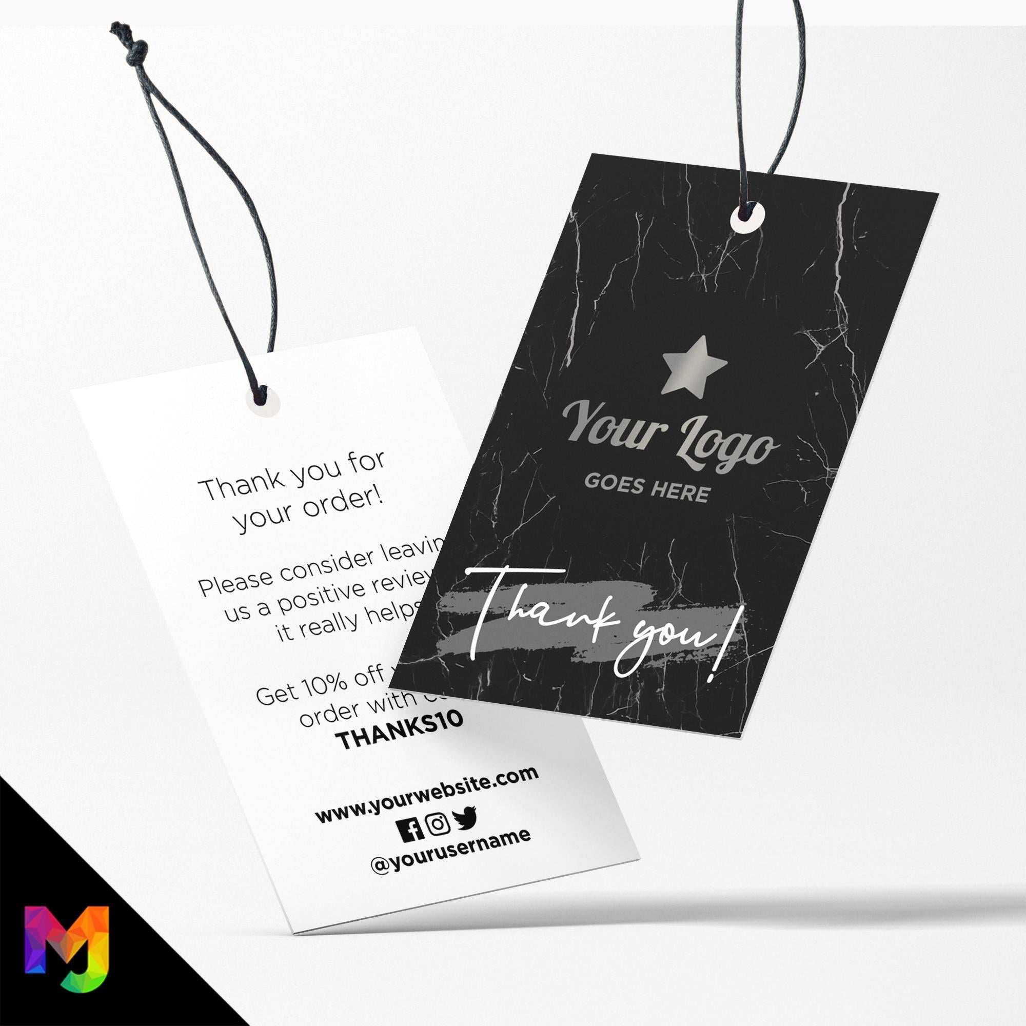 Custom printed thank you swing tags cards | Black marble silver modern style design