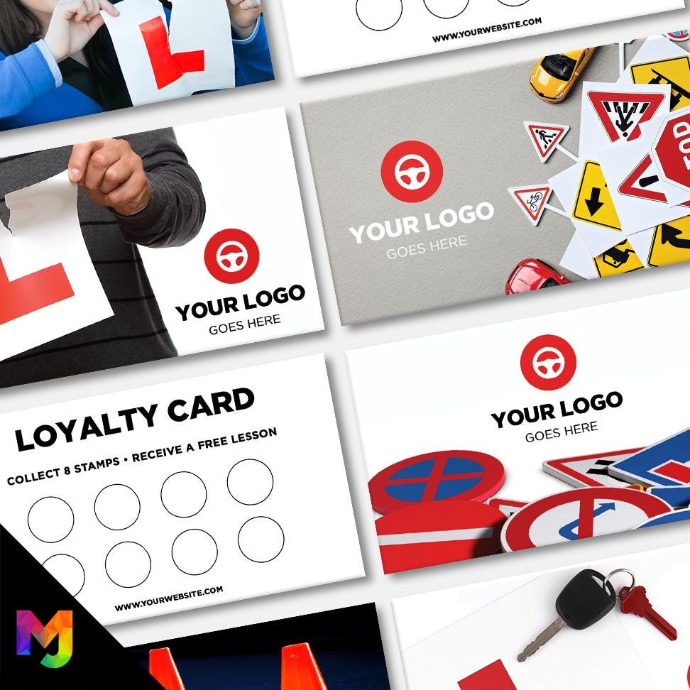 Custom printed loyalty reward cards | Driving school instructor drive lesson learner learn car street roads businesses