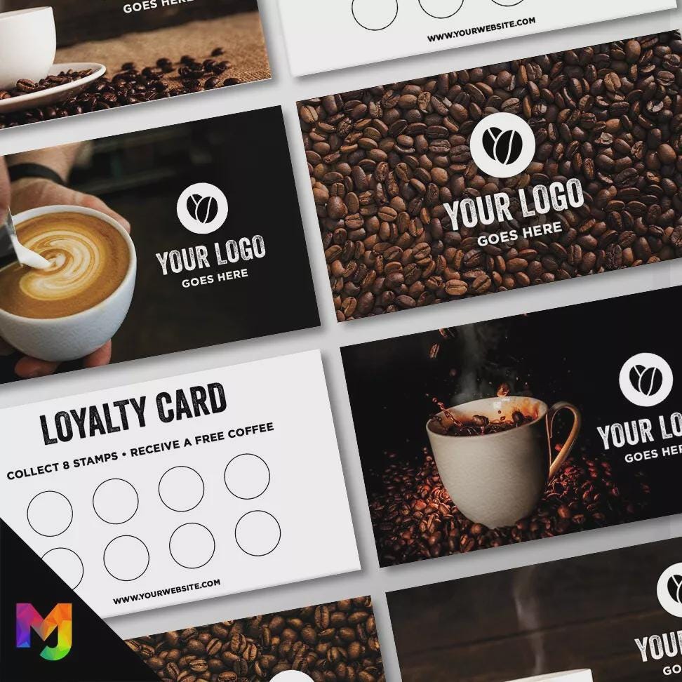 Custom printed loyalty reward cards | Coffee shop cafe barista bistro restaurant kiosk drinks hot mug cup takeaway businesses