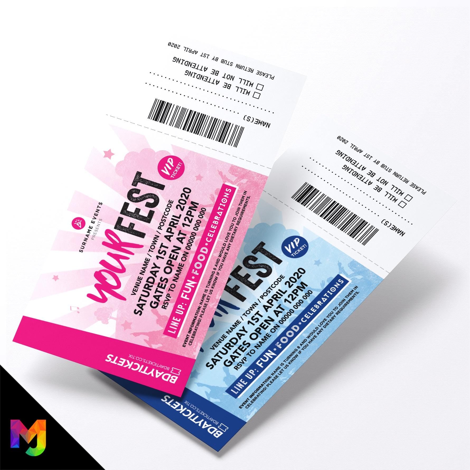 Personalised festival VIP ticket style party Invitations Invites | Perforated stubs