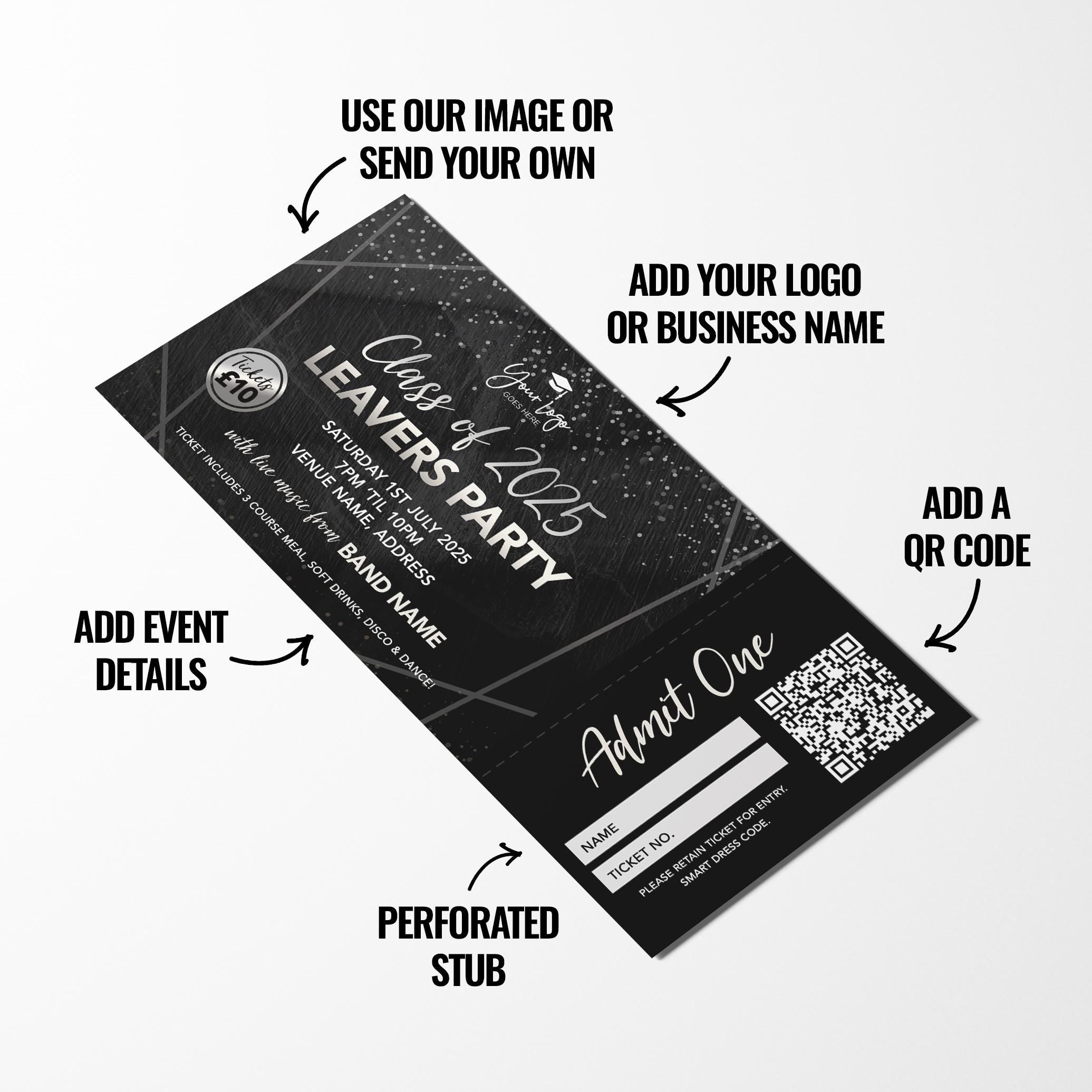 Custom printed school leavers party tickets | Perforated stubs | Black marble silver school student prom leaving party Class of 2025