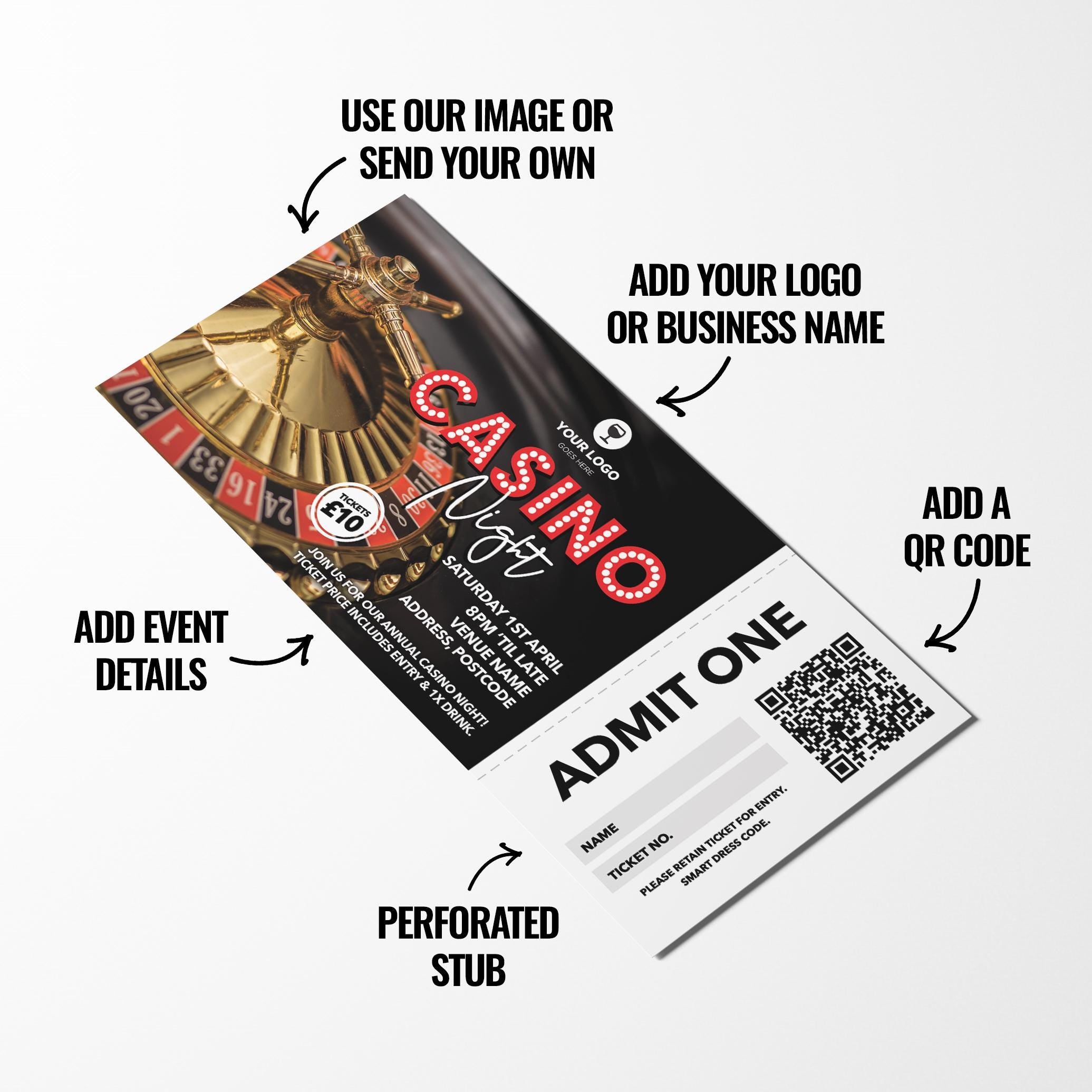 Custom casino night event tickets | Perforated stubs | Gamble casino gambling event pub charity event 1