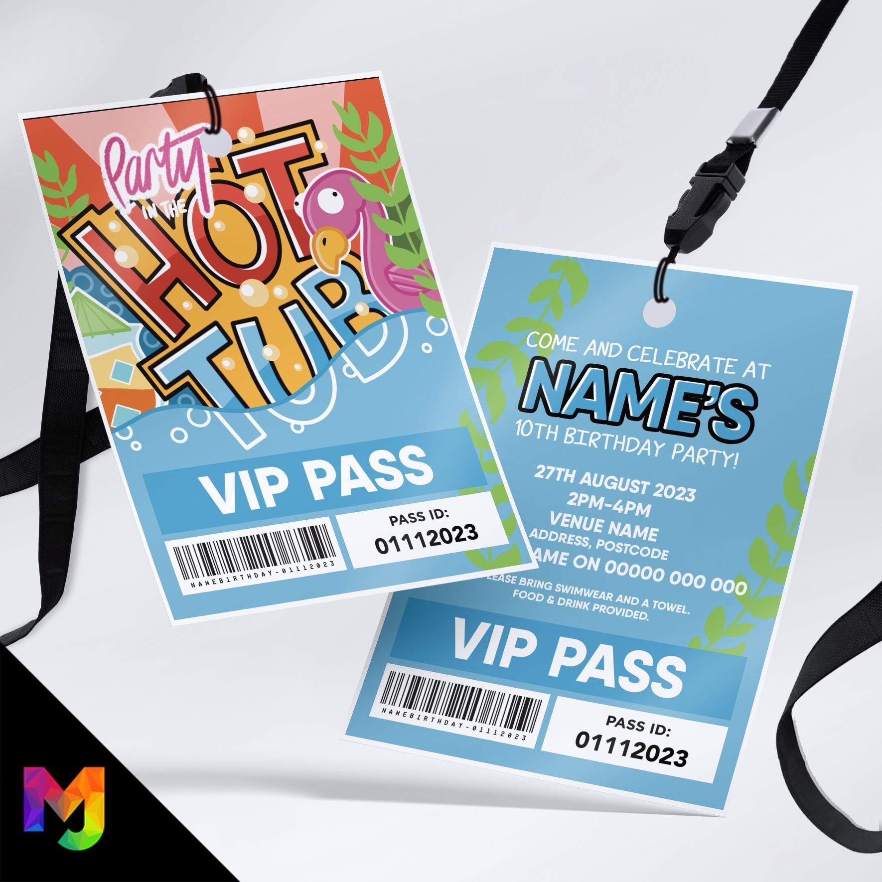Personalised hot tub spa water pool pamper chill relax party style VIP pass & lanyards