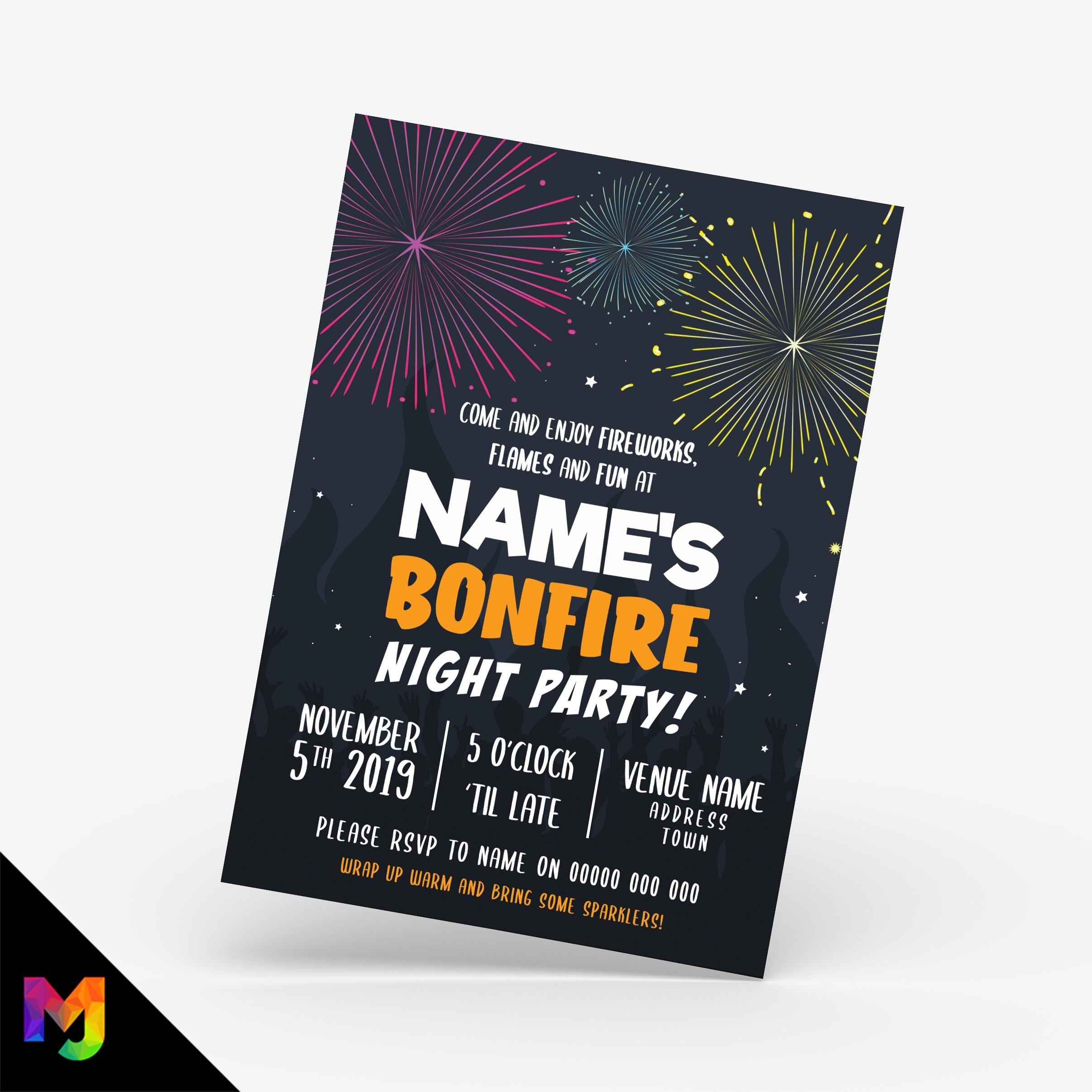 Personalised bonfire night firework party invitations | Flames sparklers family night invites 2