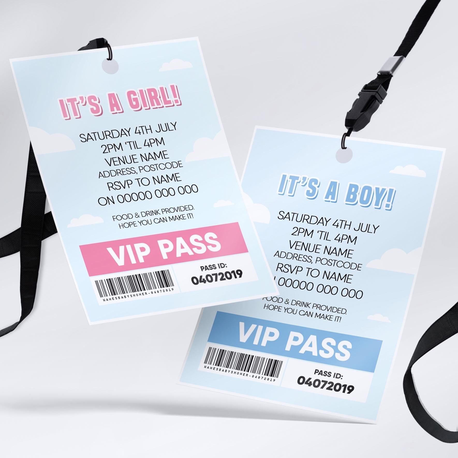 Personalised baby shower / gender reveal party lanyard Invitations Invites | Boys/girls