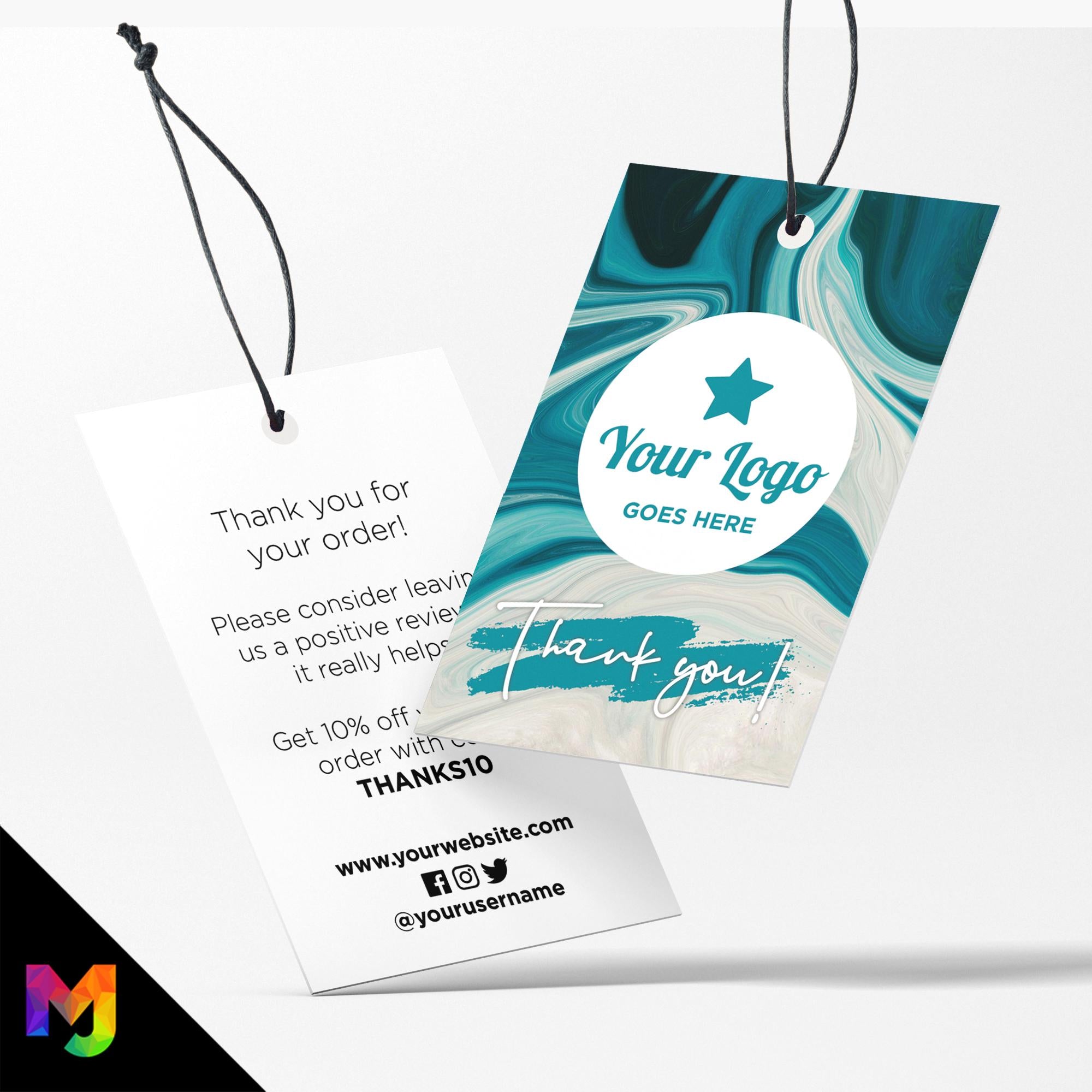 Custom printed thank you swing tags cards | Blue white swirl wax pattern abstract style design