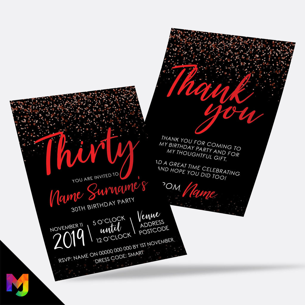 Personalised 30th birthday party Invitations Invites | Black red glitter modern design