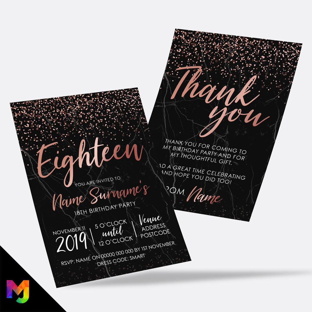 Personalised 18th birthday party Invitations Invites | Black marble rose gold glitter modern design