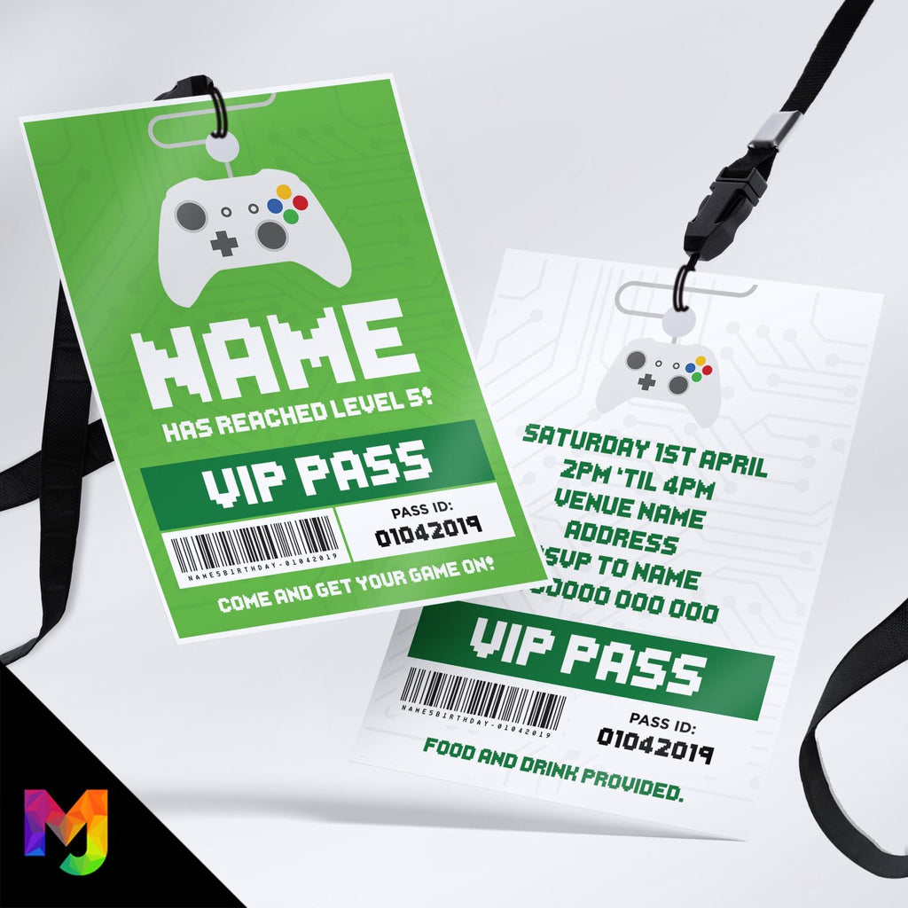 Personalised gaming controller style VIP pass & lanyard Invitations Invites | Green gamer game battle