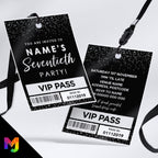 Personalised 70th birthday style VIP pass & lanyards | Silver black glitter design | ANY AGE!