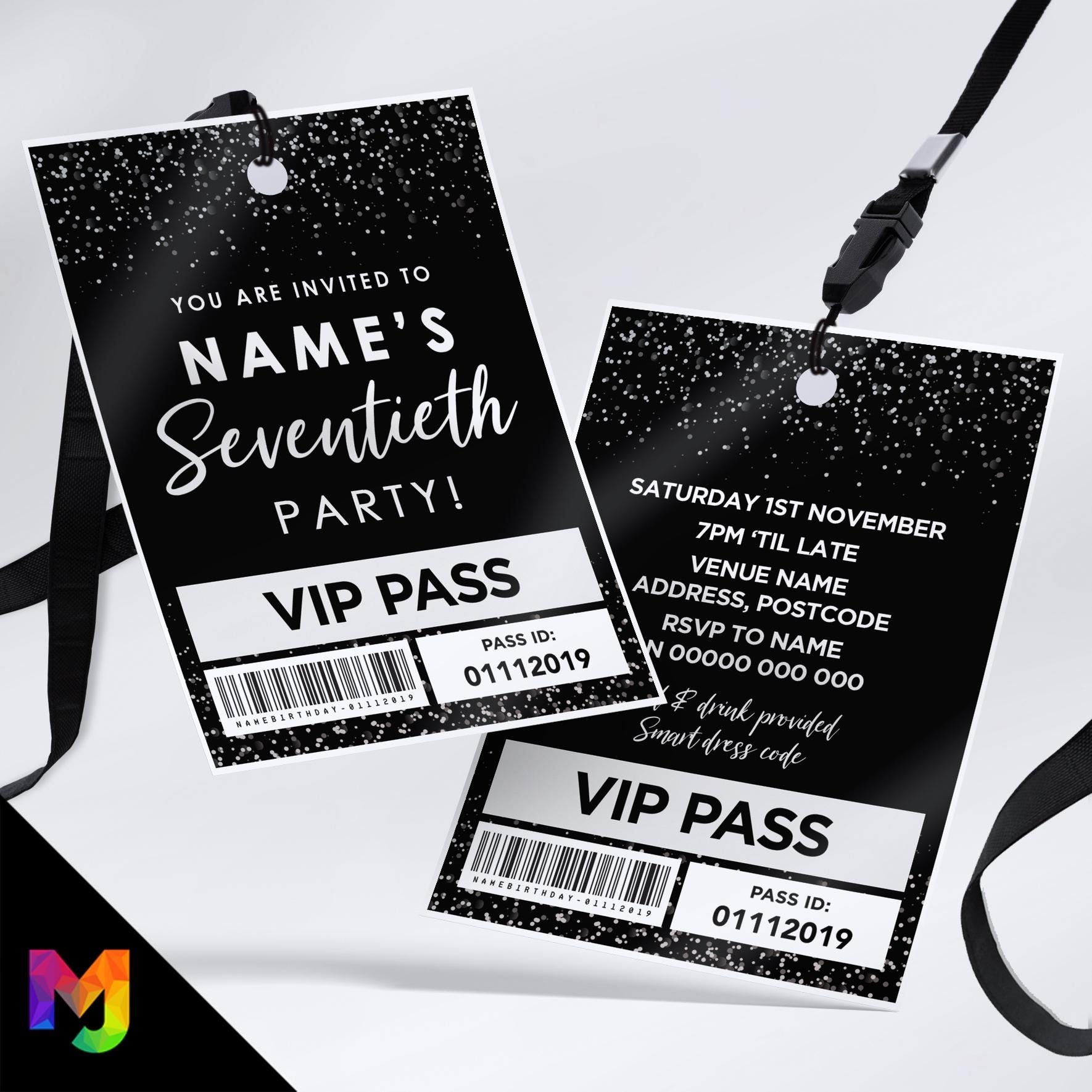 Personalised 70th birthday style VIP pass & lanyards | Silver black glitter design | ANY AGE!