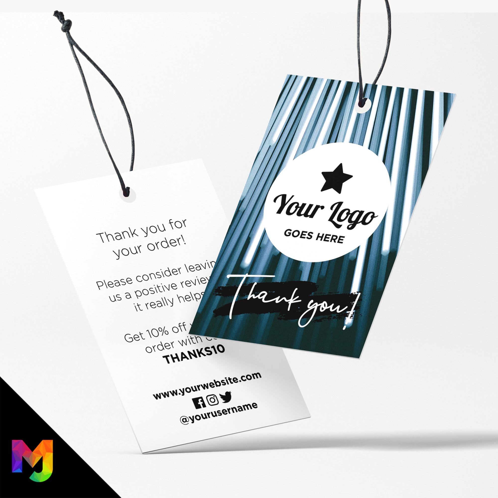 Custom printed thank you swing tags cards | Blue black strobe light abstract style design