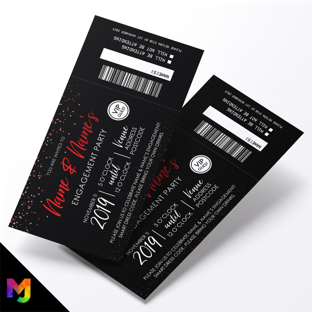 Personalised engagement party black red glitter ticket style Invitations Invites | Perforated