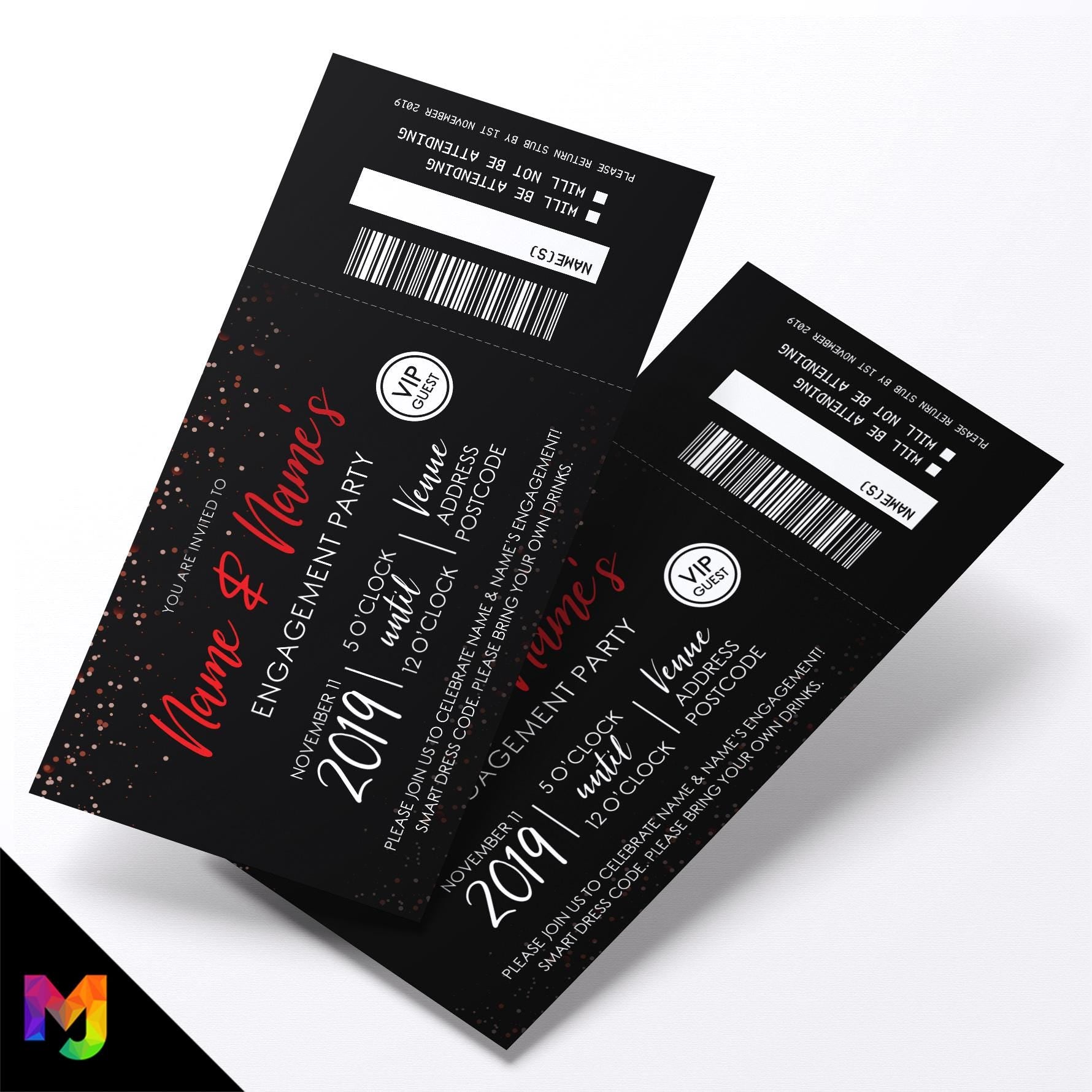 Personalised engagement party black red glitter ticket style Invitations Invites | Perforated