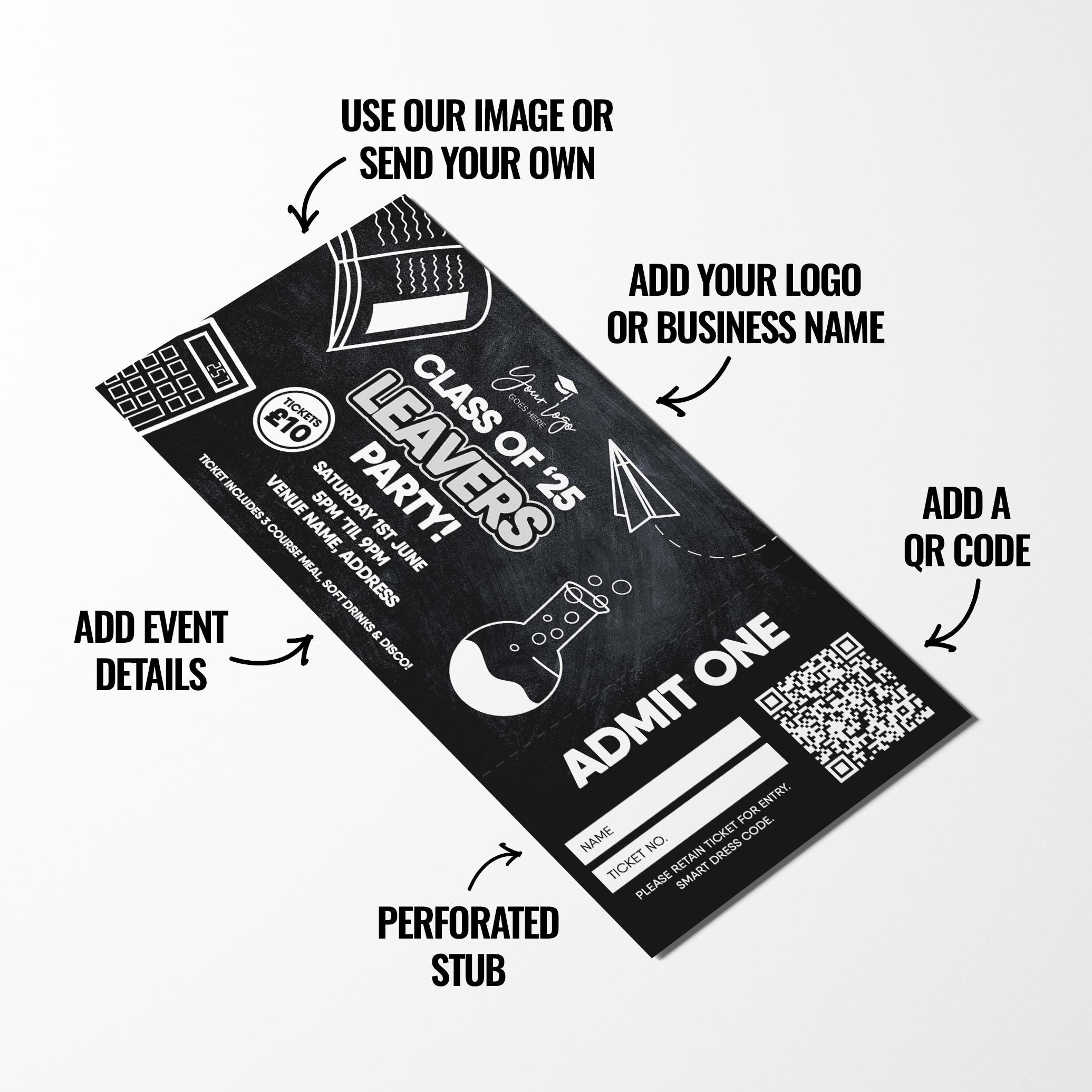 Custom printed school leavers party tickets | Perforated stubs | Black design student prom leaving parties Class of 2025