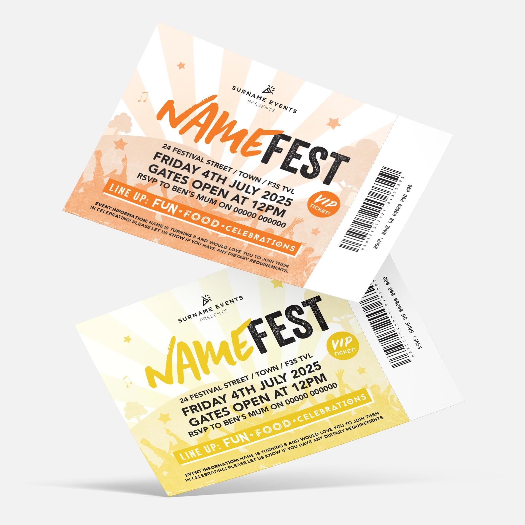 Personalised festival ticket style Invitations Invites