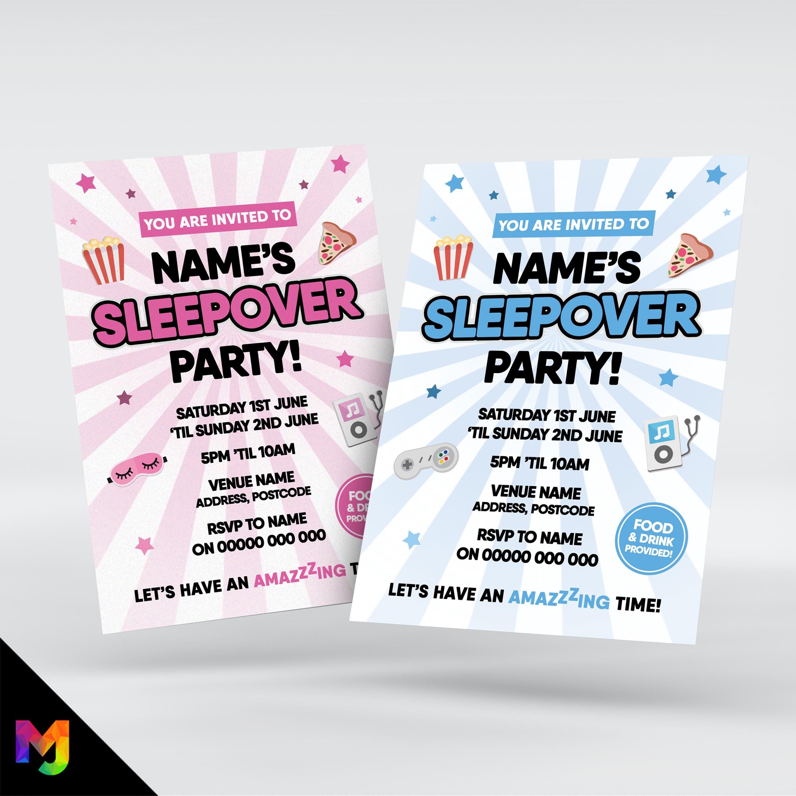 Personalised sleepover party style Invitations Invites