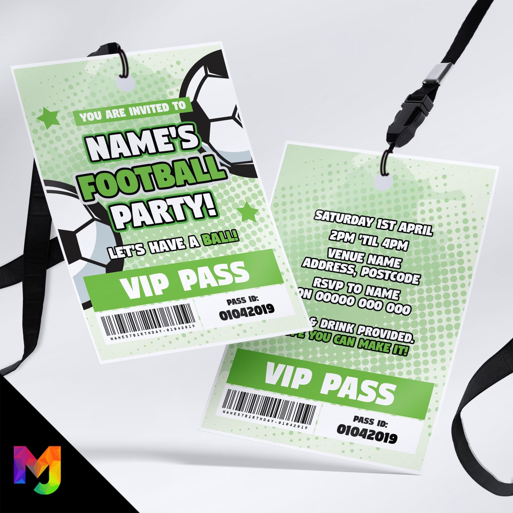 Personalised football / sports party style VIP pass & lanyards