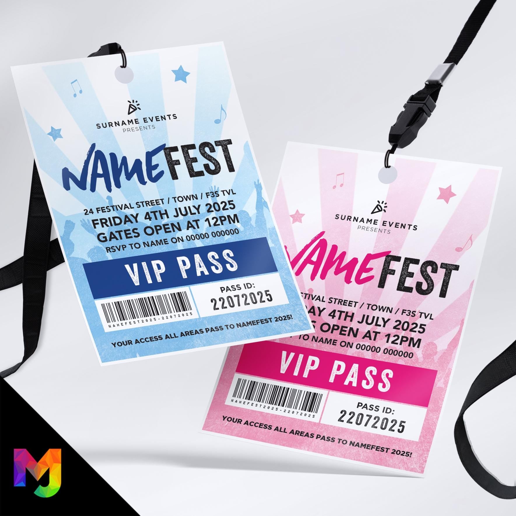 Personalised festival style VIP pass & lanyard Invitations Invites | Any colour | Music summer fest