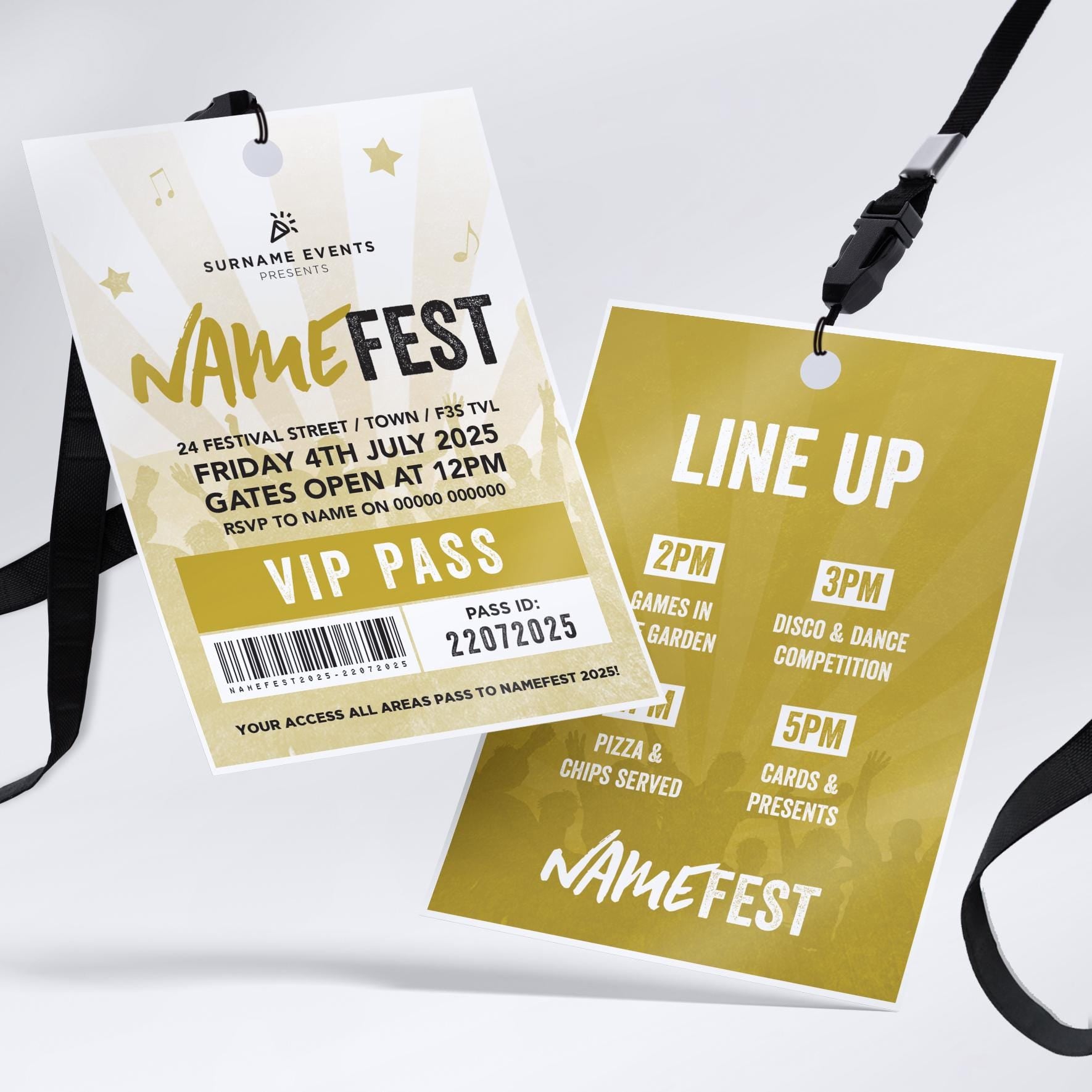 Personalised festival style VIP pass & lanyard Invitations Invites | Any colour | Music summer fest