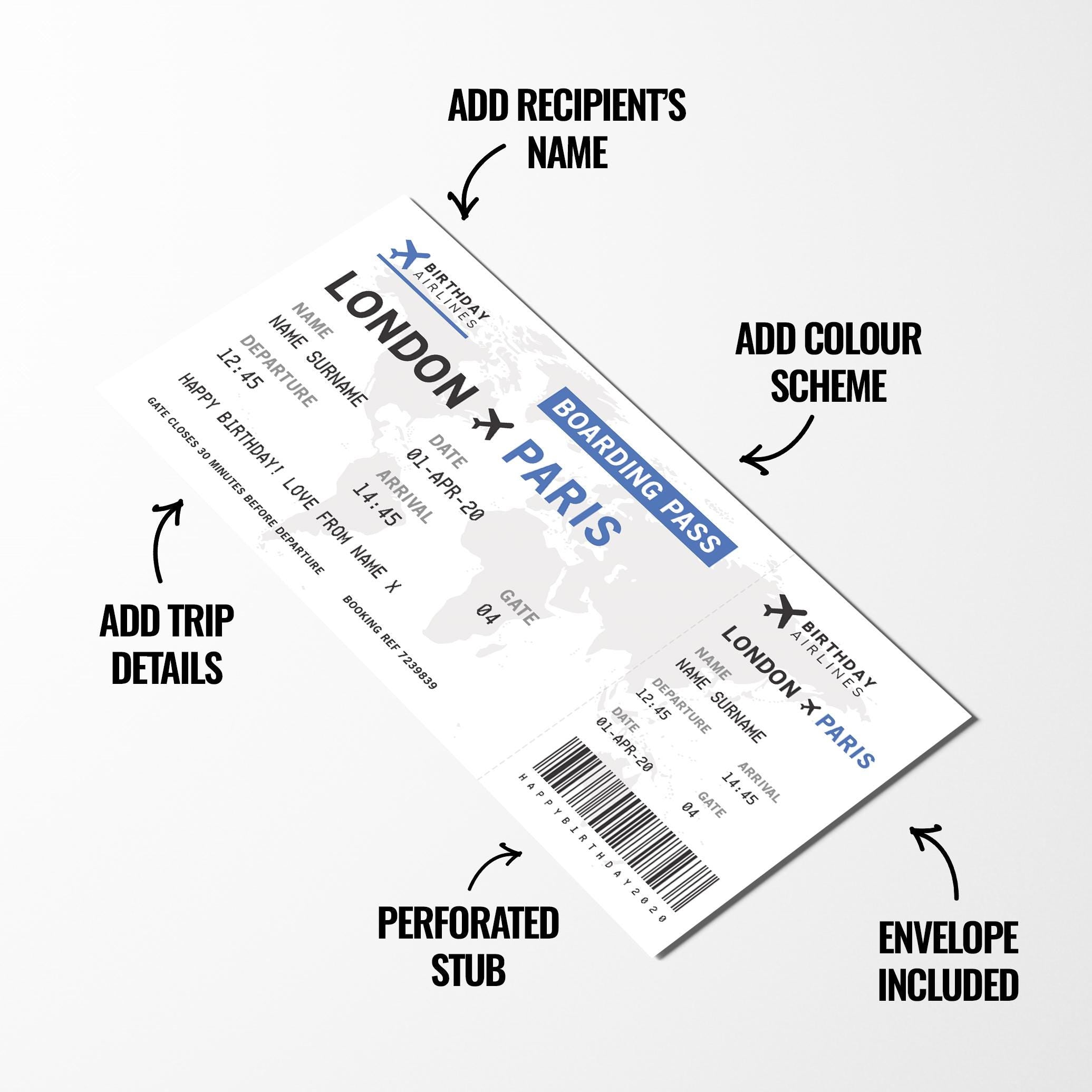 Personalised mock plane ticket Birthday / Christmas gift | Holiday trip | Perforated stub!