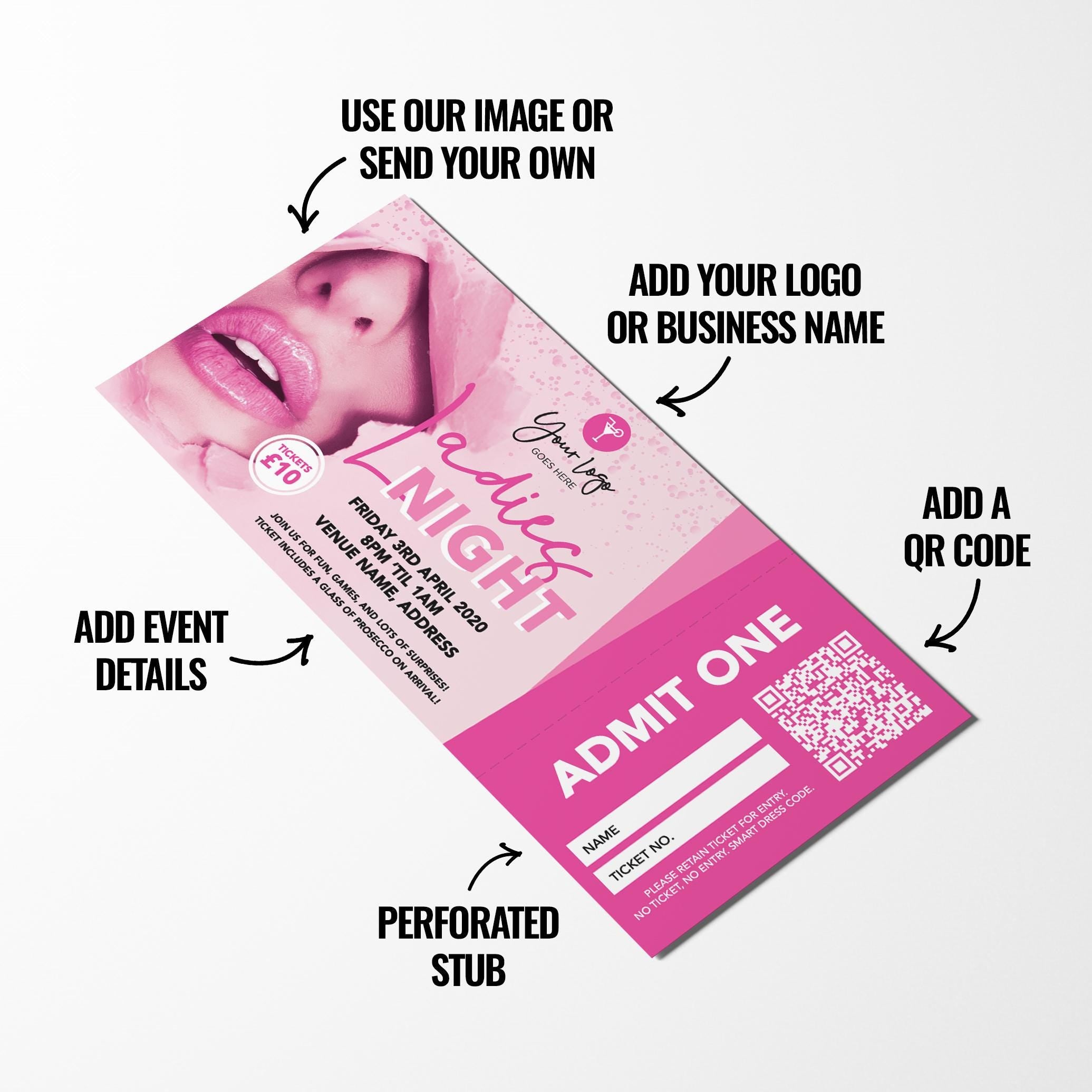 Custom ladies night event tickets | Perforated stubs | Pink lady pub female party