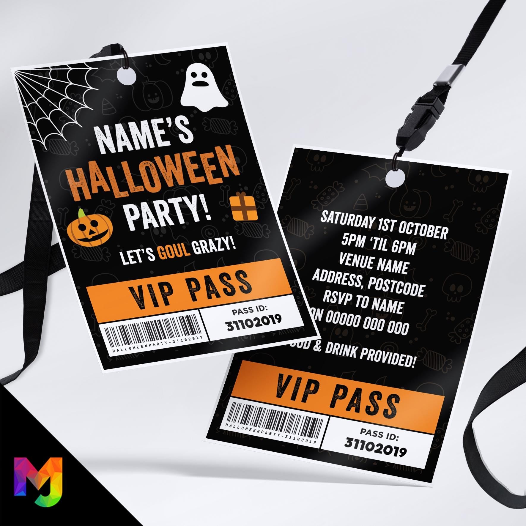 Personalised cute kids Halloween party style VIP pass & lanyard Invitations Invites